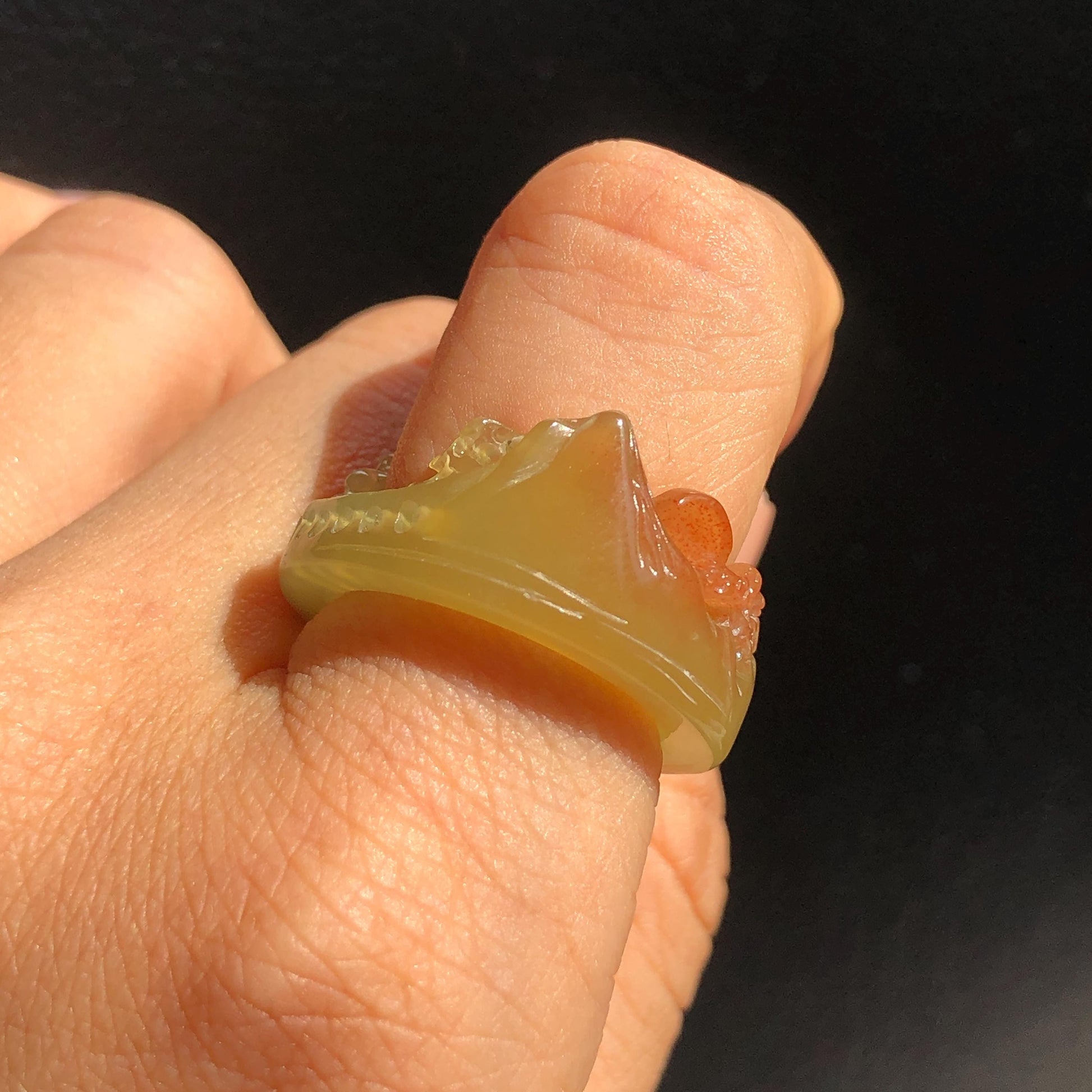 Natural Xiu Jade Serpentine Carved Countryside Landscape Ring | 17.2mm (US 7-7.5) | Orange & Yellow | Sunset and Dawn | Chinese ink painting