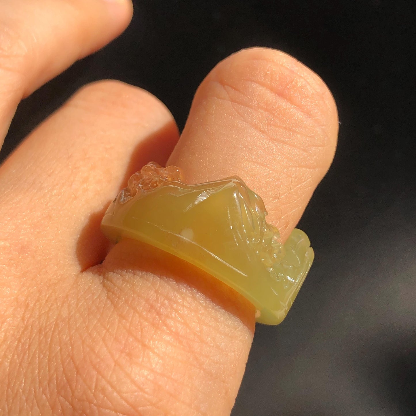 Natural Xiu Jade Serpentine Carved Countryside Landscape Ring | 17.2mm (US 7-7.5) | Orange & Yellow | Sunset and Dawn | Chinese ink painting