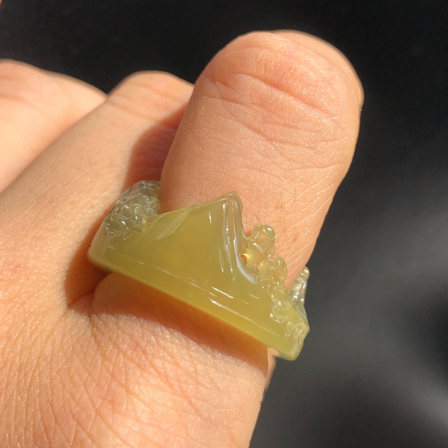 Natural Xiu Jade Serpentine Carved Countryside Landscape Ring | 17.2mm (US 7-7.5) | Orange & Yellow | Sunset and Dawn | Chinese ink painting