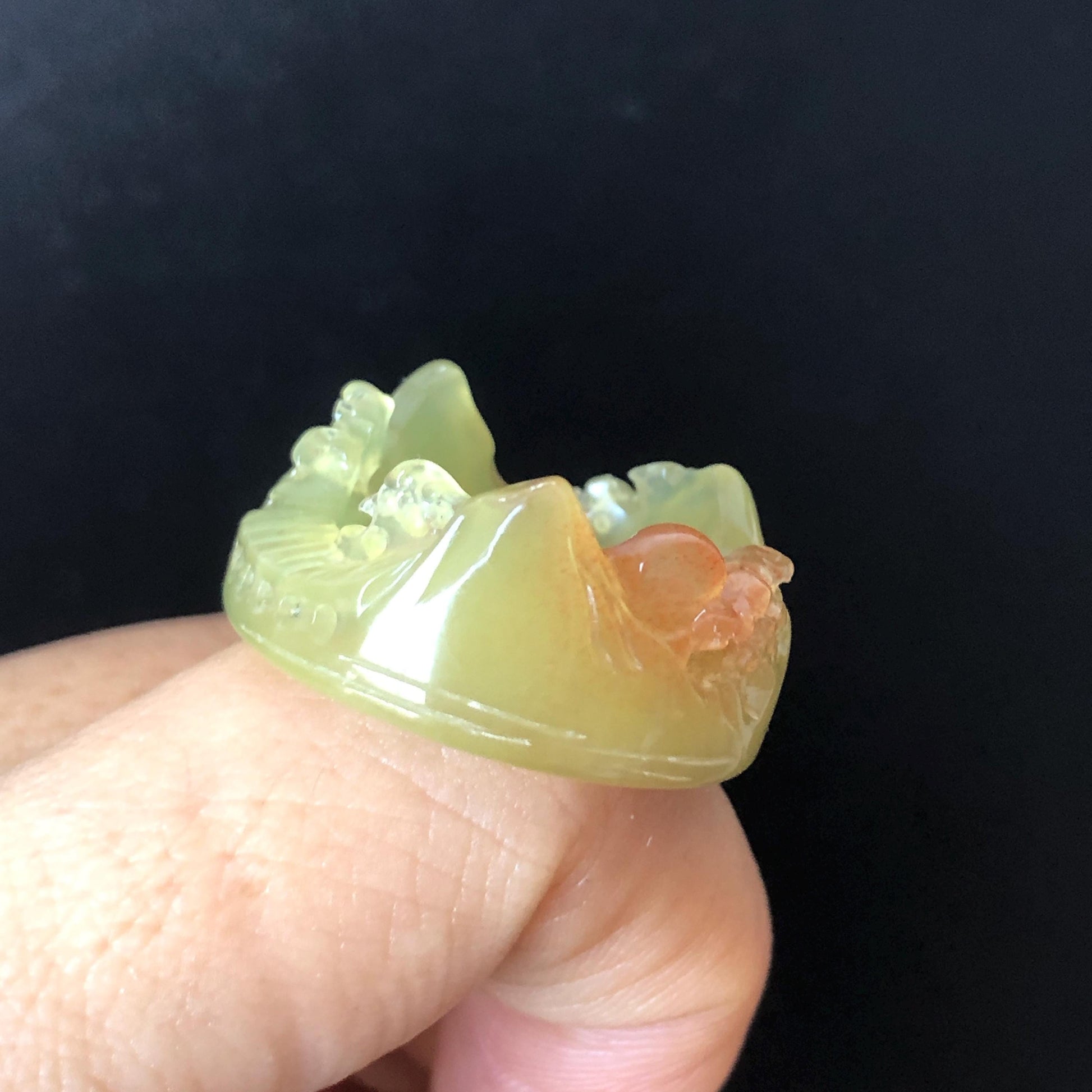 Natural Xiu Jade Serpentine Carved Countryside Landscape Ring | 17.2mm (US 7-7.5) | Orange & Yellow | Sunset and Dawn | Chinese ink painting