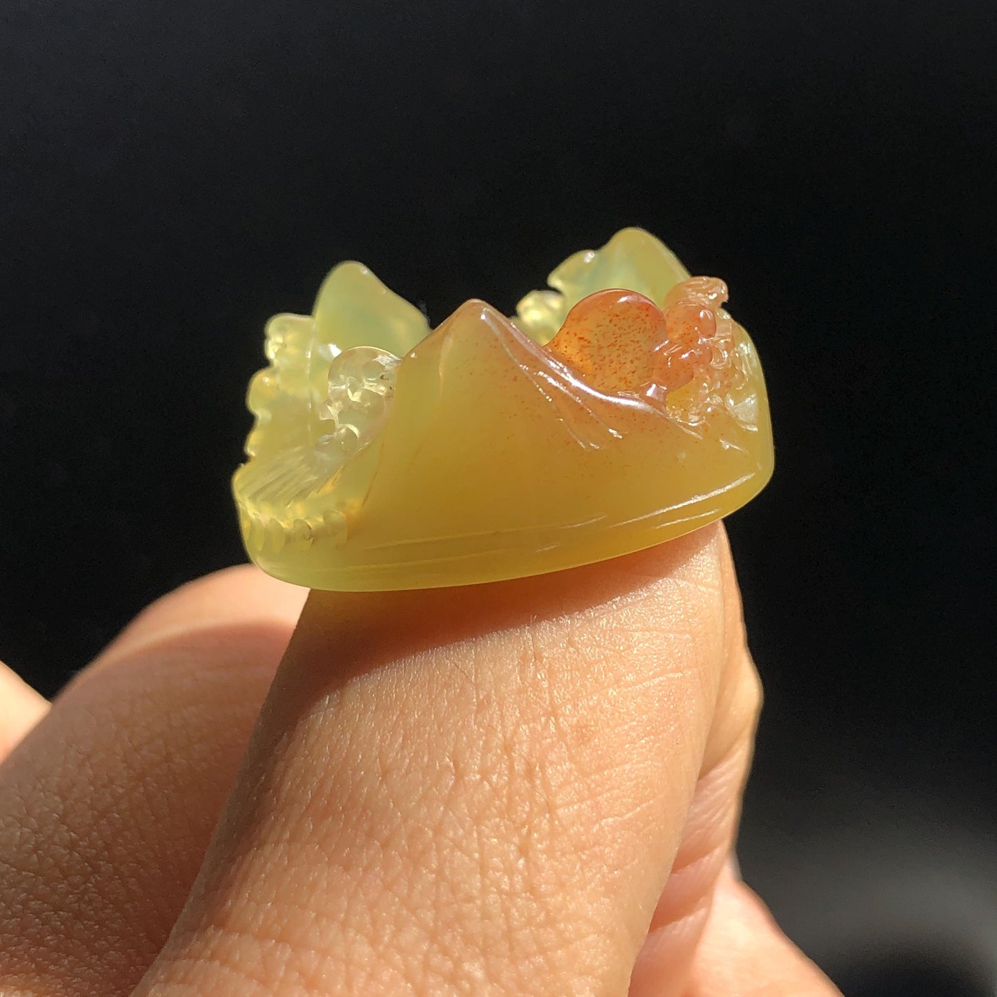 Natural Xiu Jade Serpentine Carved Countryside Landscape Ring | 17.2mm (US 7-7.5) | Orange & Yellow | Sunset and Dawn | Chinese ink painting