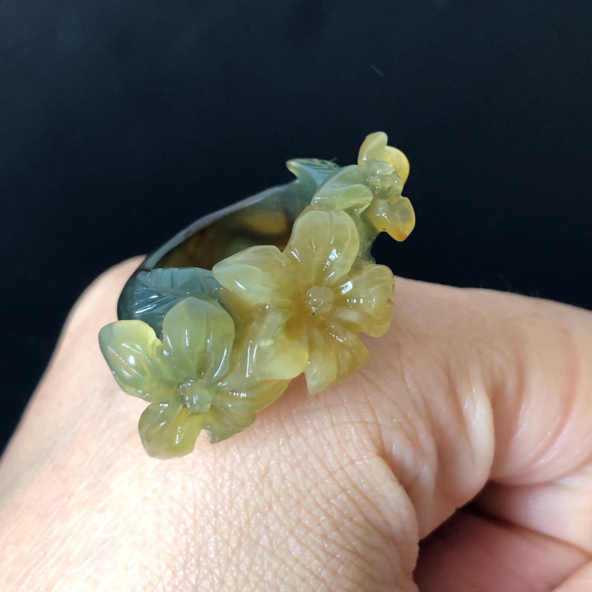 Natural Xiu Jade Serpentine Hand Carved Lily Flower Blooming Ring | 16mm (US 5.5-6) | Icy Green and Yellow | Crystal Stone Gemstone Ring