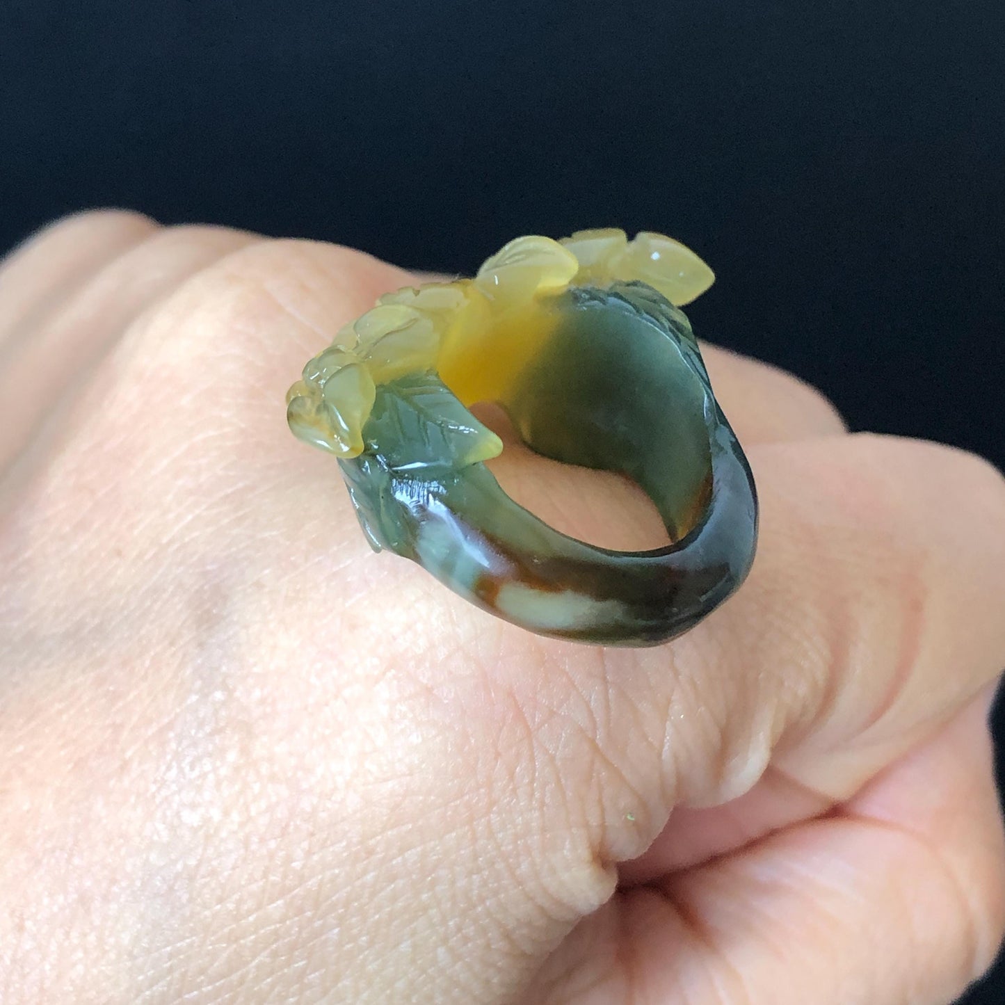 Natural Xiu Jade Serpentine Hand Carved Lily Flower Blooming Ring | 16mm (US 5.5-6) | Icy Green and Yellow | Crystal Stone Gemstone Ring