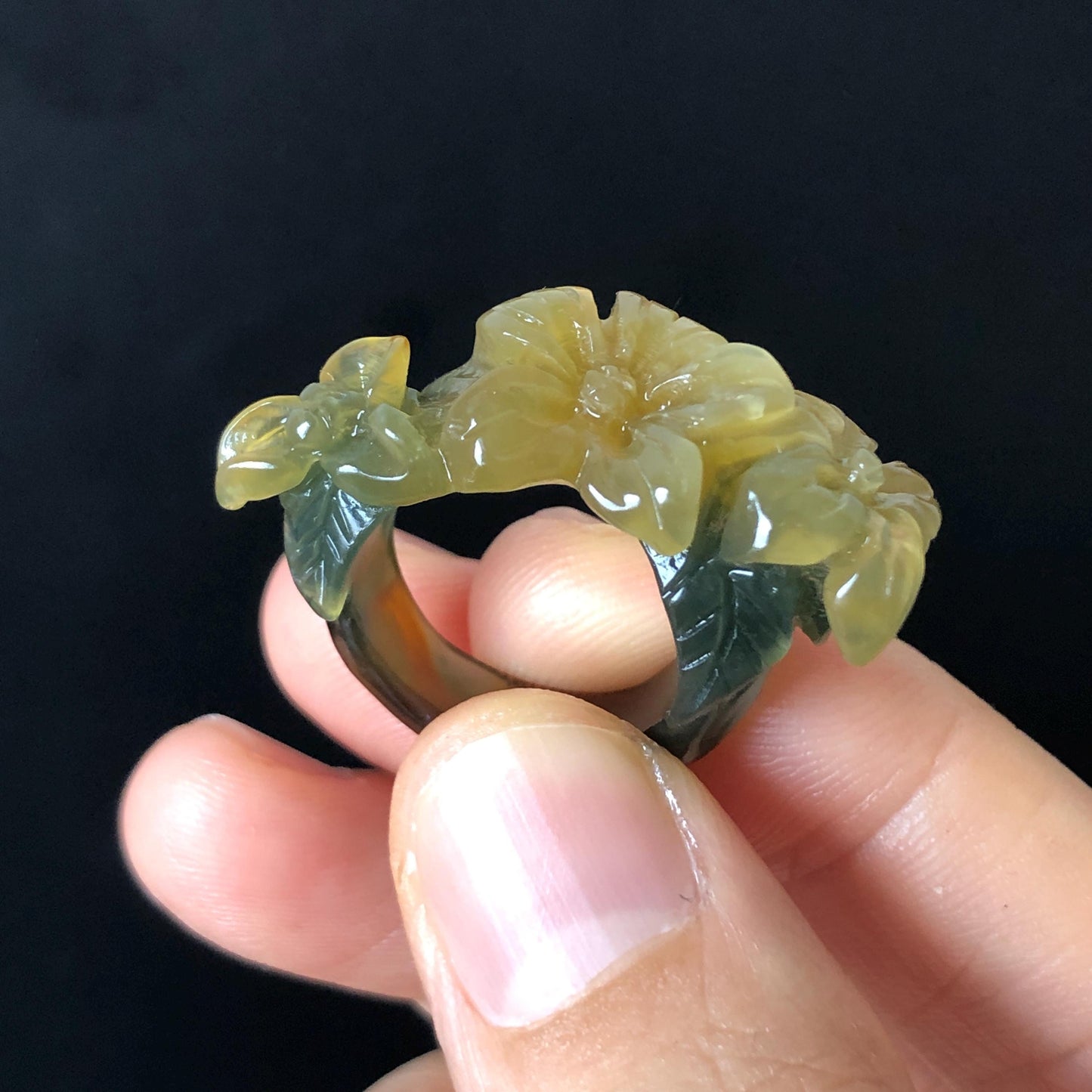 Natural Xiu Jade Serpentine Hand Carved Lily Flower Blooming Ring | 16mm (US 5.5-6) | Icy Green and Yellow | Crystal Stone Gemstone Ring