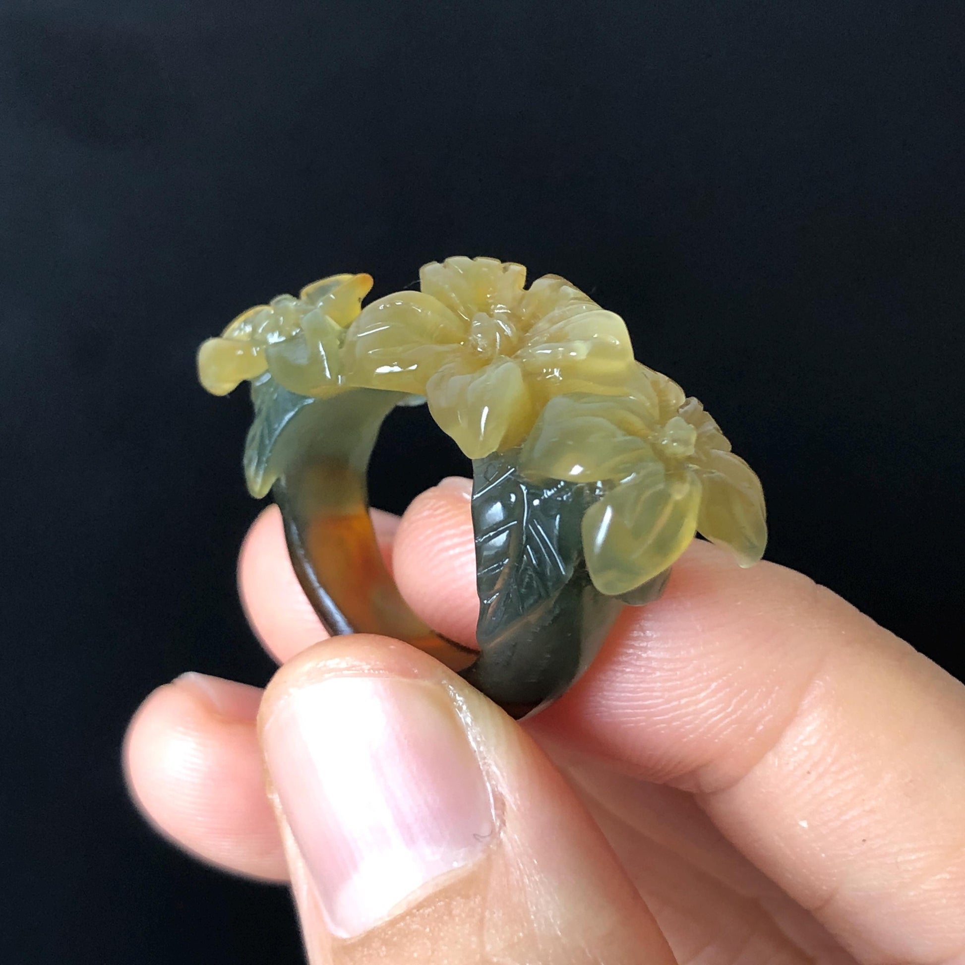 Natural Xiu Jade Serpentine Hand Carved Lily Flower Blooming Ring | 16mm (US 5.5-6) | Icy Green and Yellow | Crystal Stone Gemstone Ring