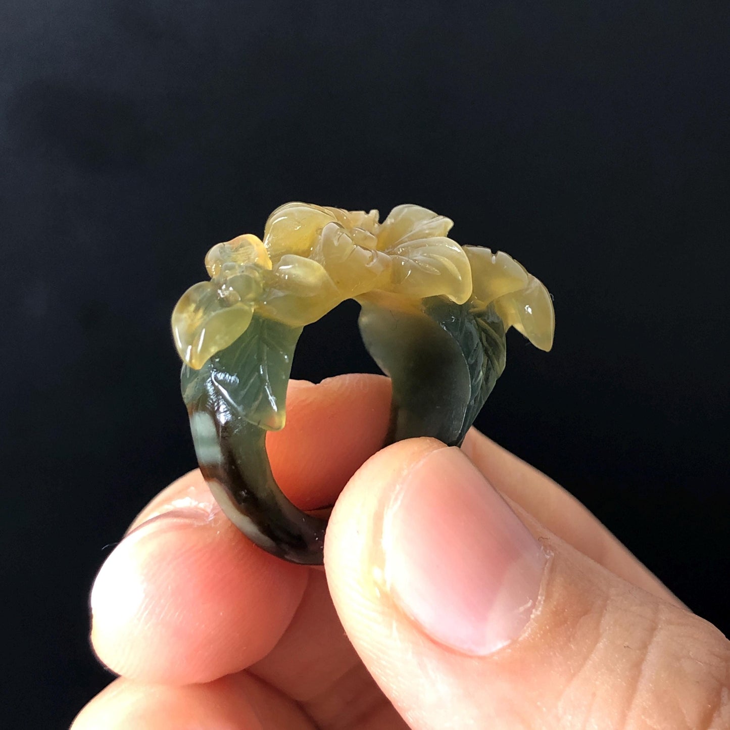 Natural Xiu Jade Serpentine Hand Carved Lily Flower Blooming Ring | 16mm (US 5.5-6) | Icy Green and Yellow | Crystal Stone Gemstone Ring