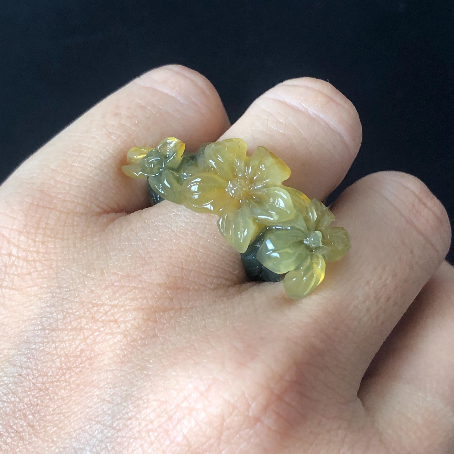 Natural Xiu Jade Serpentine Hand Carved Lily Flower Blooming Ring | 16mm (US 5.5-6) | Icy Green and Yellow | Crystal Stone Gemstone Ring