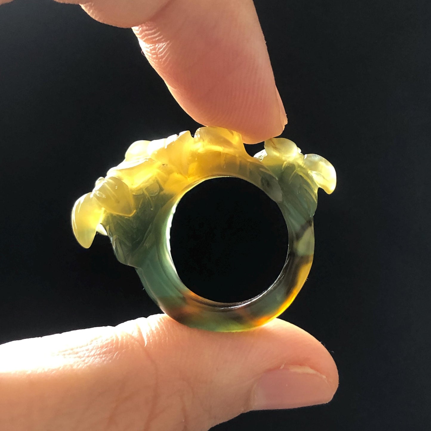 Natural Xiu Jade Serpentine Hand Carved Lily Flower Blooming Ring | 16mm (US 5.5-6) | Icy Green and Yellow | Crystal Stone Gemstone Ring