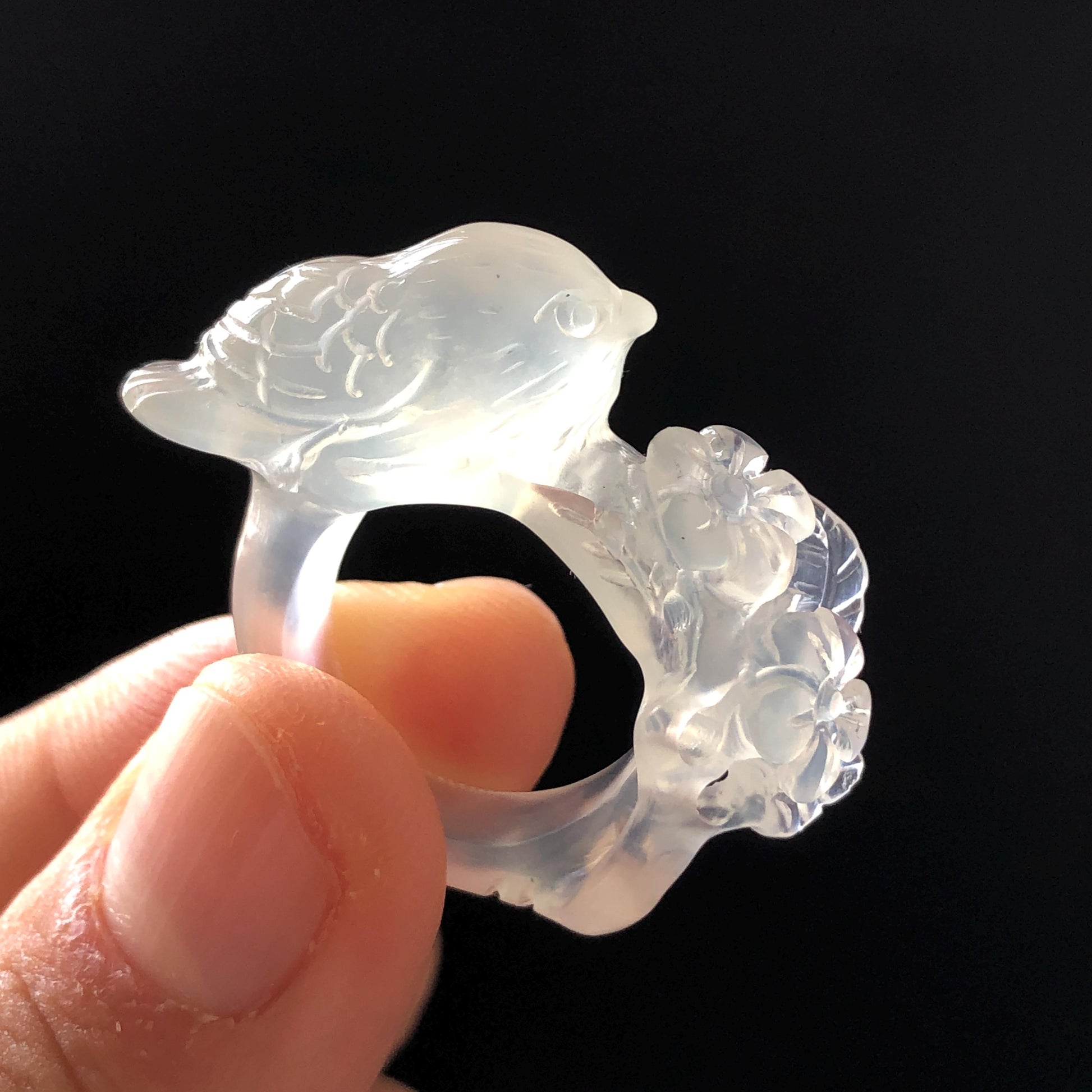 Natural Xiu Jade (Serpentine) Hand Carved Bird and Flower Ring | 16.4mm (US 6-6.5) | Icy White Translucent | Stone Crystal Gemstone