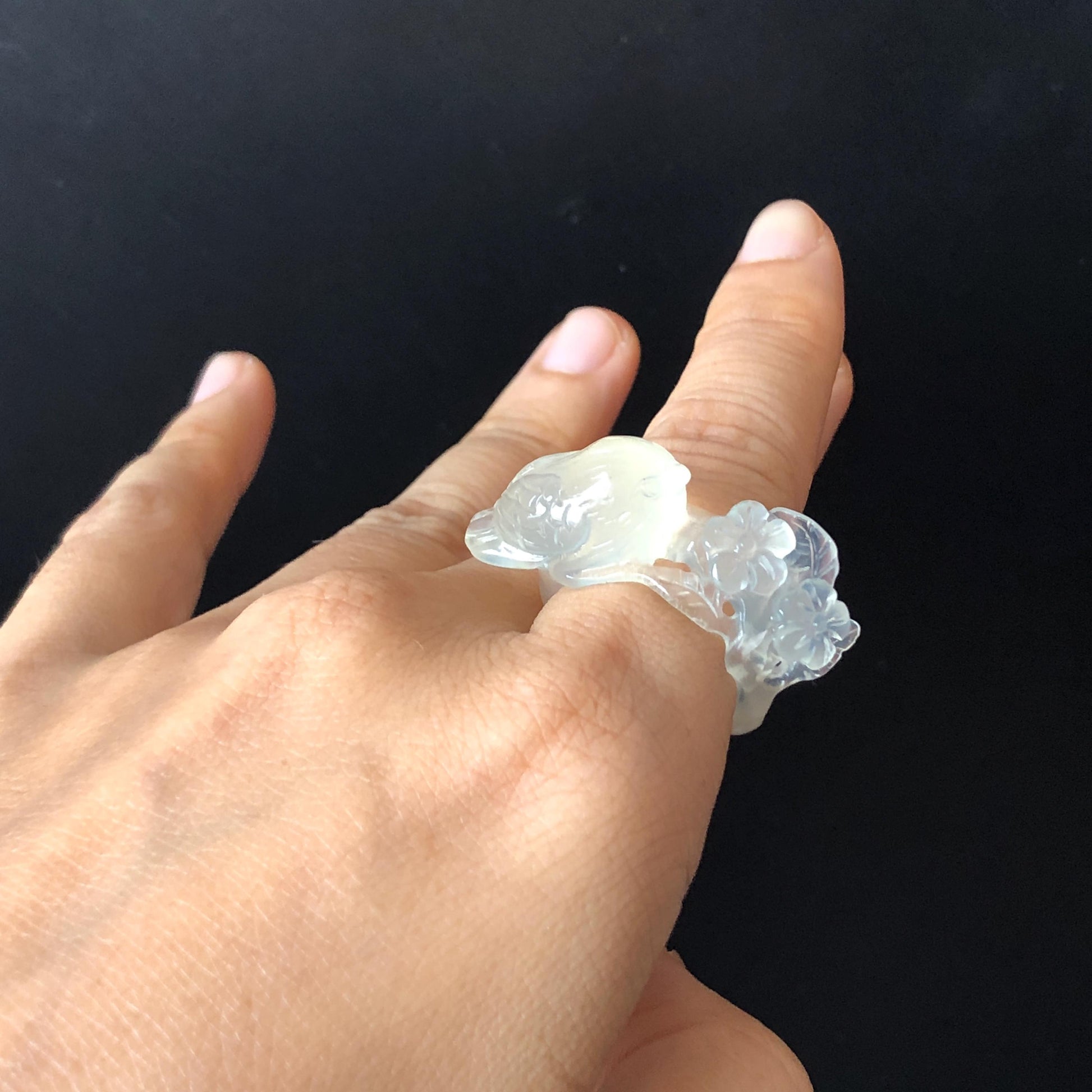 Natural Xiu Jade (Serpentine) Hand Carved Bird and Flower Ring | 16.4mm (US 6-6.5) | Icy White Translucent | Stone Crystal Gemstone