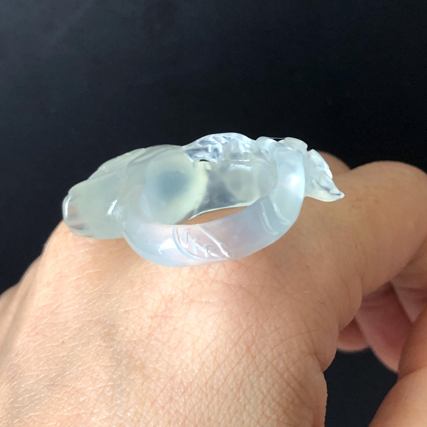 Natural Xiu Jade (Serpentine) Hand Carved Bird and Flower Ring | 16.4mm (US 6-6.5) | Icy White Translucent | Stone Crystal Gemstone