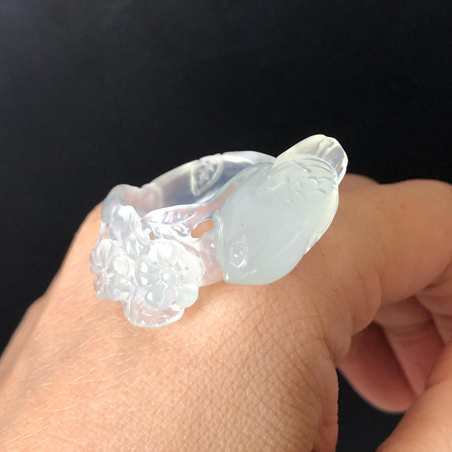 Natural Xiu Jade (Serpentine) Hand Carved Bird and Flower Ring | 16.4mm (US 6-6.5) | Icy White Translucent | Stone Crystal Gemstone