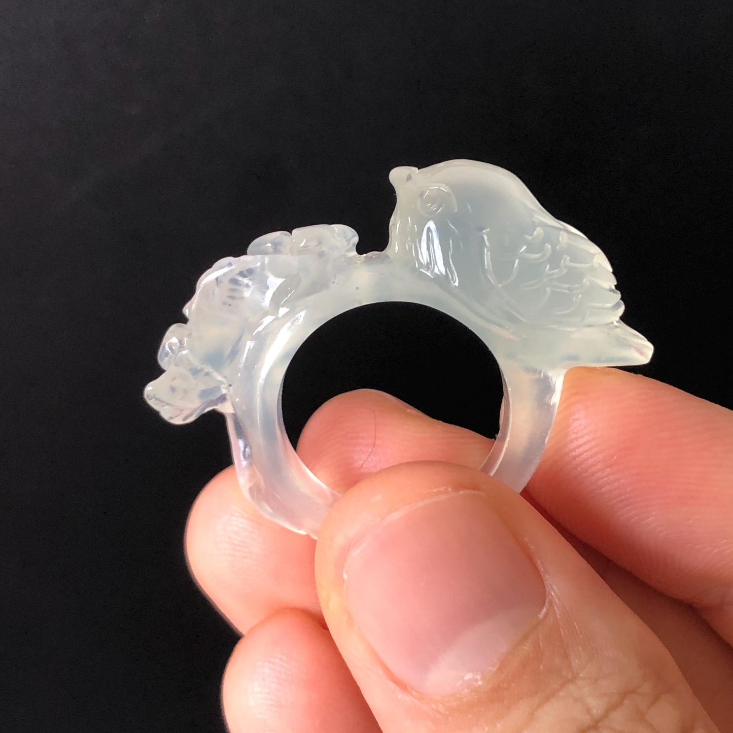 Natural Xiu Jade (Serpentine) Hand Carved Bird and Flower Ring | 16.4mm (US 6-6.5) | Icy White Translucent | Stone Crystal Gemstone