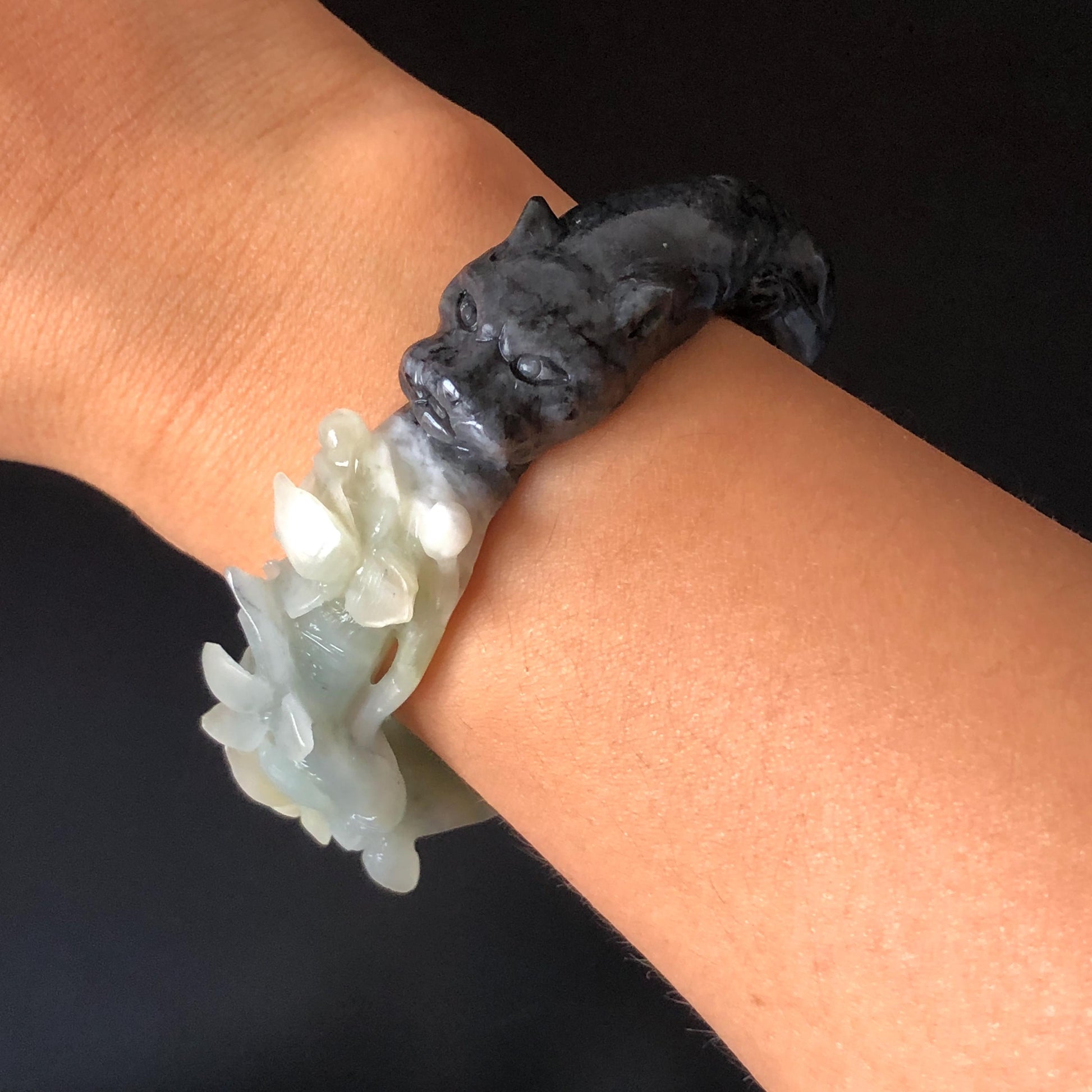 Certificate 56.3mm Natural Xiu Jade (Serpentine) Hand Carved Black Panther in Blue Peach Blossom Bangle | Crystal Stone Bracelet Gemstone