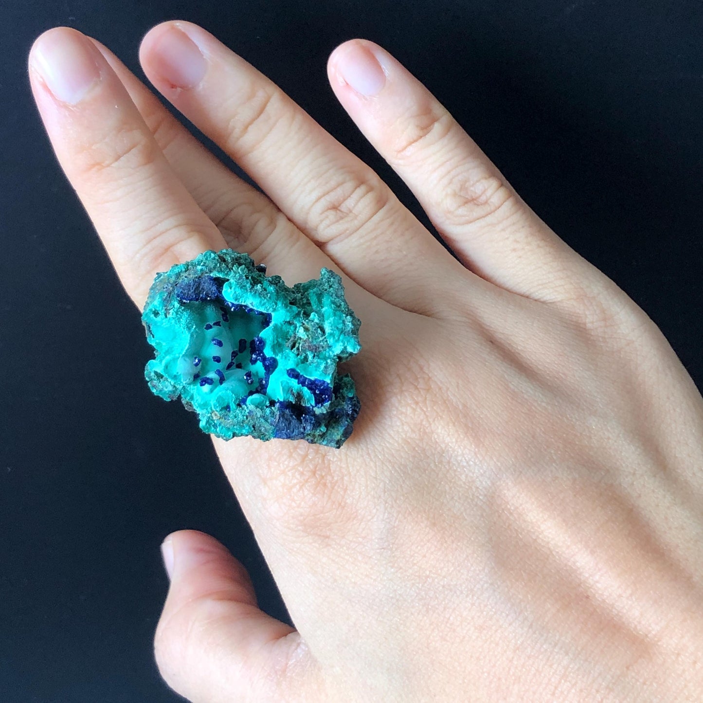 Raw Azurite Malachite Ring, Raw Stone Ring, Raw Crystal Ring, Big Statement Ring, Rough Irregular Chunky Gemstone Ring Gift for Men and Women, Sparky Shiny Crystal Ring, May Birthstone Ring, Silver Gold plated copper ring, birthday gift for her him