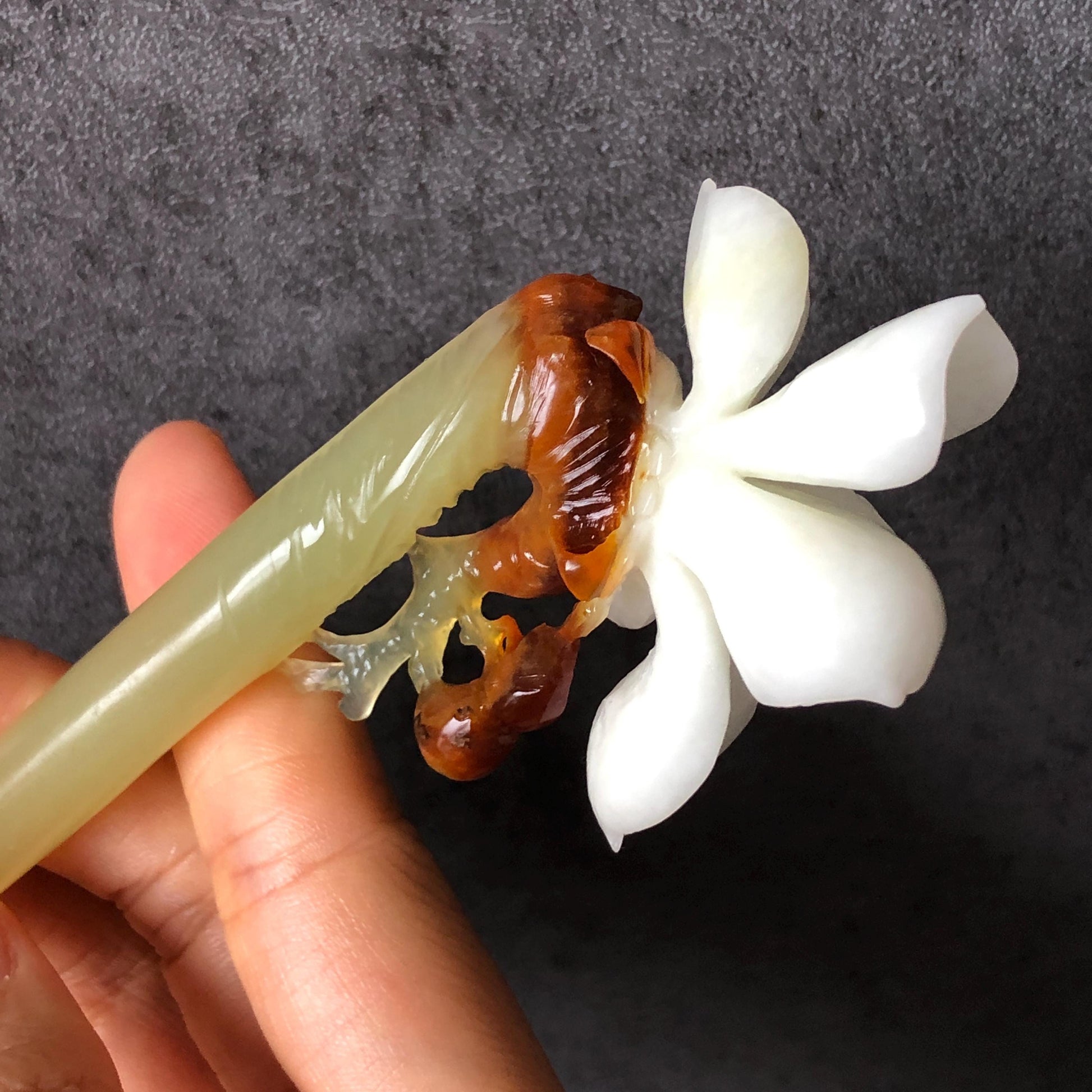 Certificate Natural Xiu Jade (Serpentine) Hand Carved Yulan Magnolia Flower Hair Pin | Jade Hair Stick | 3 colours | Asian Vintage Style