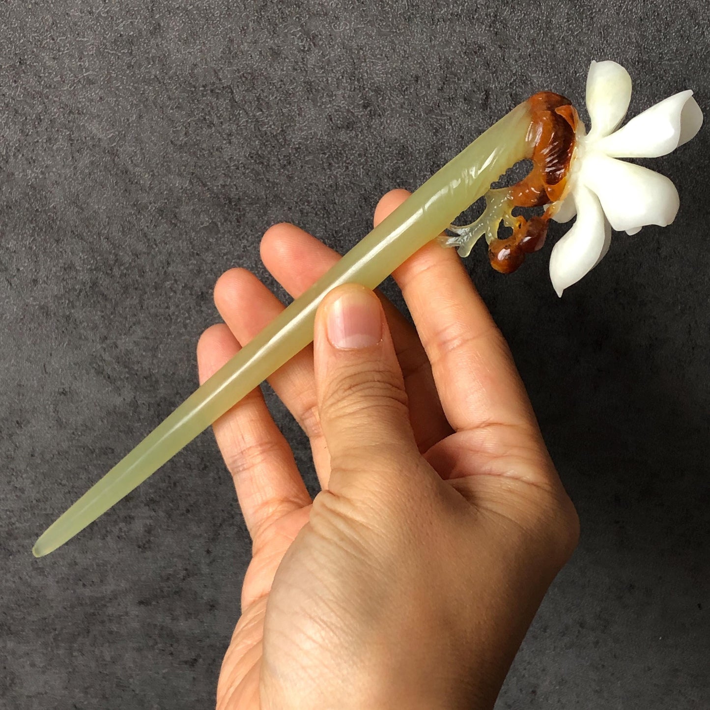 Certificate Natural Xiu Jade (Serpentine) Hand Carved Yulan Magnolia Flower Hair Pin | Jade Hair Stick | 3 colours | Asian Vintage Style