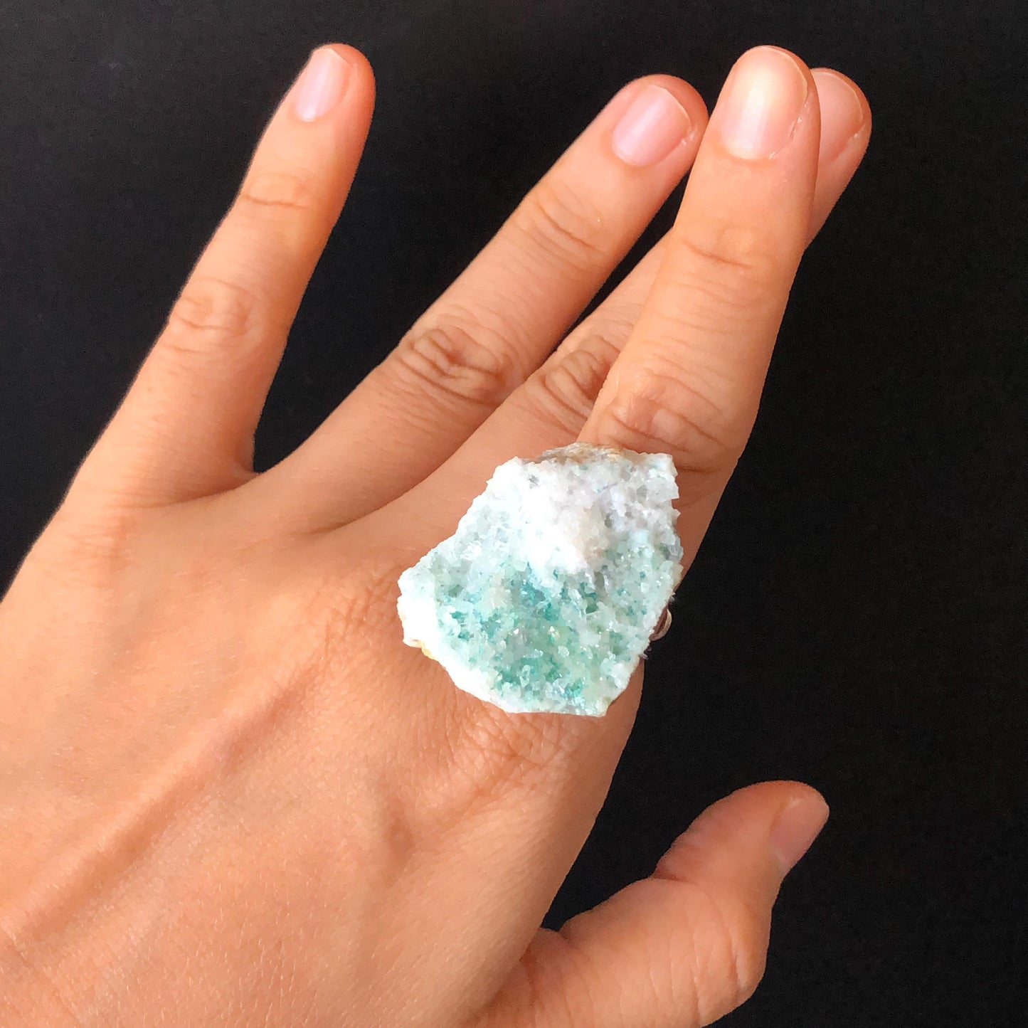 Raw Veszelyite Crystal Ring | Sparkling Snowy Lake | White Green | Self-Love Stone | Adjustable Statement Ring | Natural Gemstone Birthstone