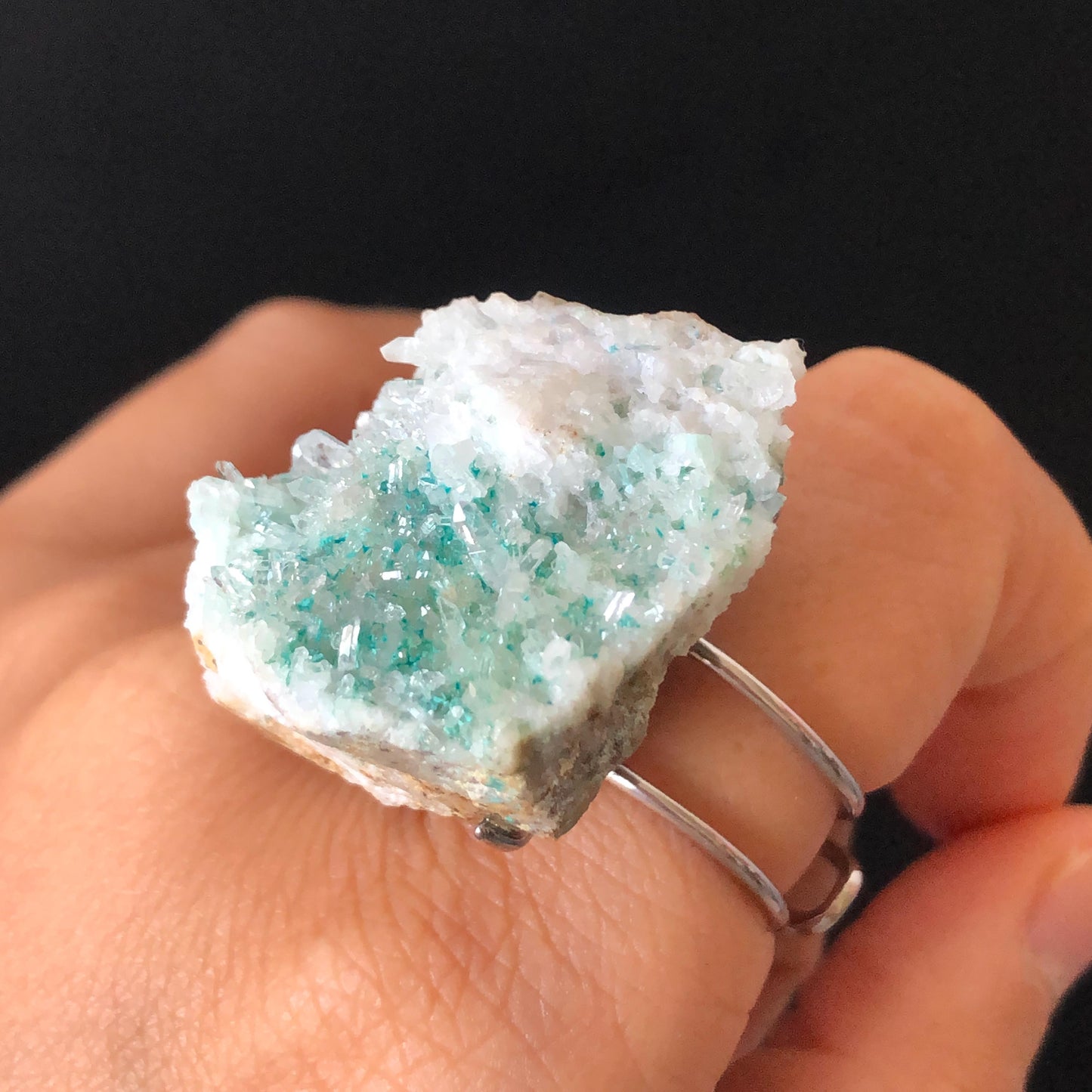 Raw Veszelyite Crystal Ring | Sparkling Snowy Lake | White Green | Self-Love Stone | Adjustable Statement Ring | Natural Gemstone Birthstone