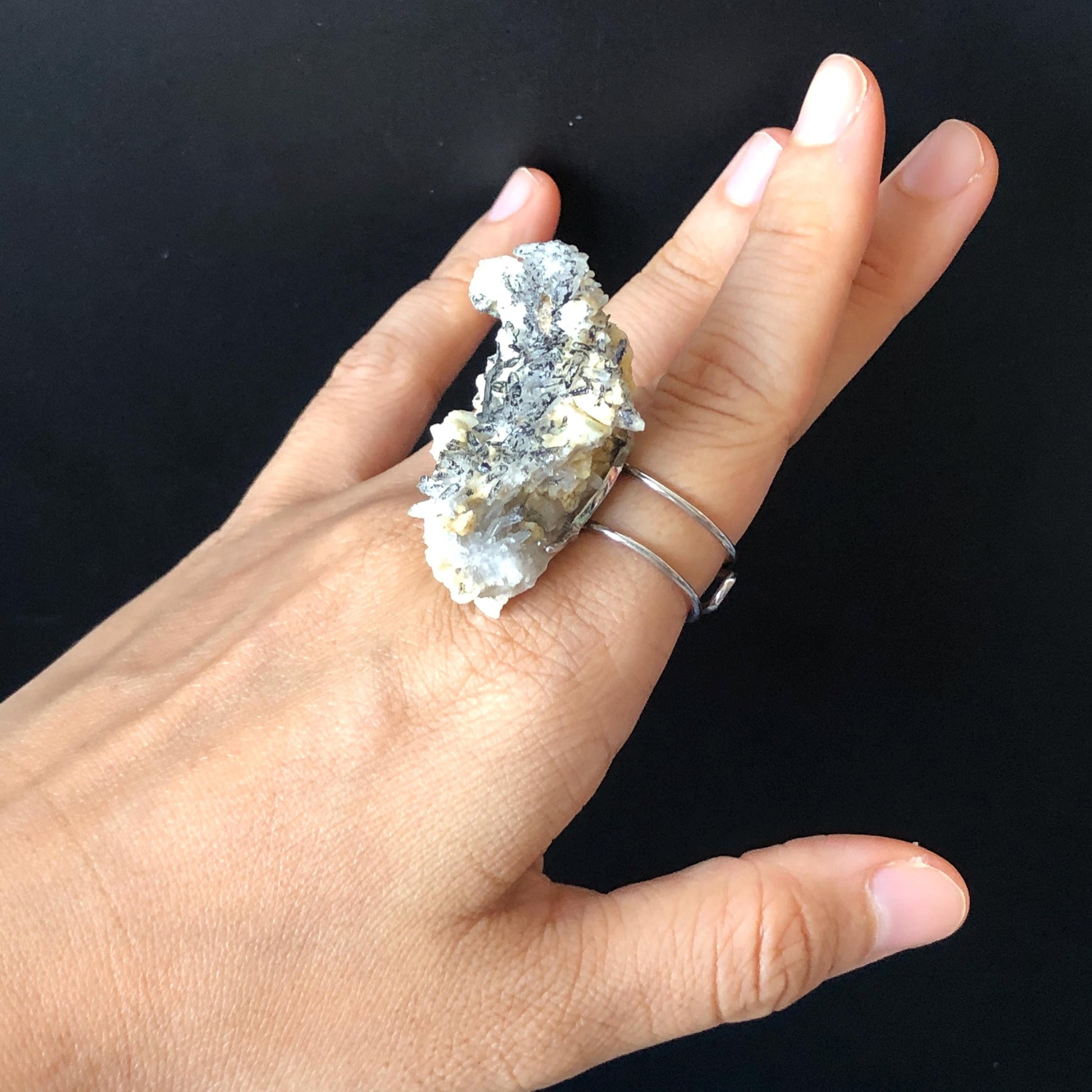 Natural Raw Veszelyite Crystal Ring | Sparkling Black & White | Self-Love Stone | Adjustable Statement Ring | Gemstone Birthstone