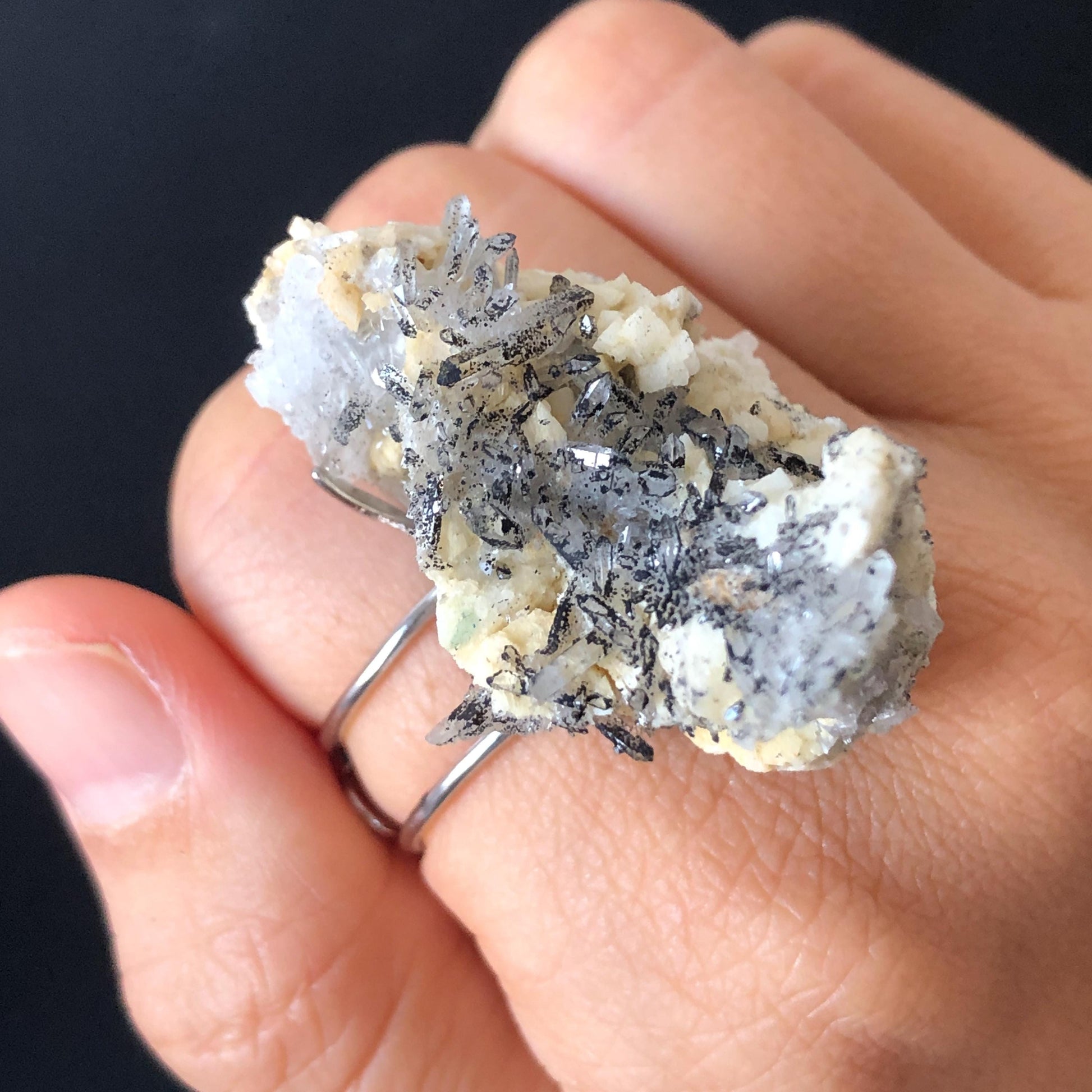 Natural Raw Veszelyite Crystal Ring | Sparkling Black & White | Self-Love Stone | Adjustable Statement Ring | Gemstone Birthstone