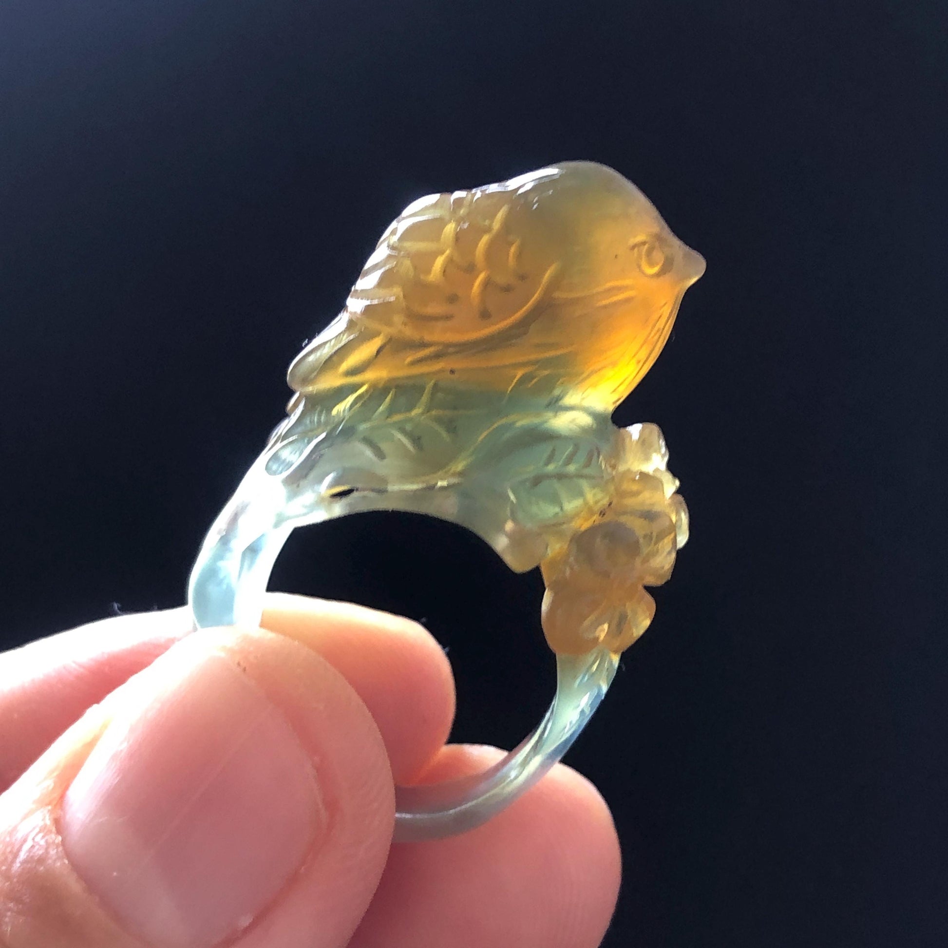 Natural Xiu Jade (Serpentine) Hand Carved Bird and Flower Ring | 16.3mm (US 6) | Icy Blue & Yellow | Stone Crystal Gemstone | Gift for her