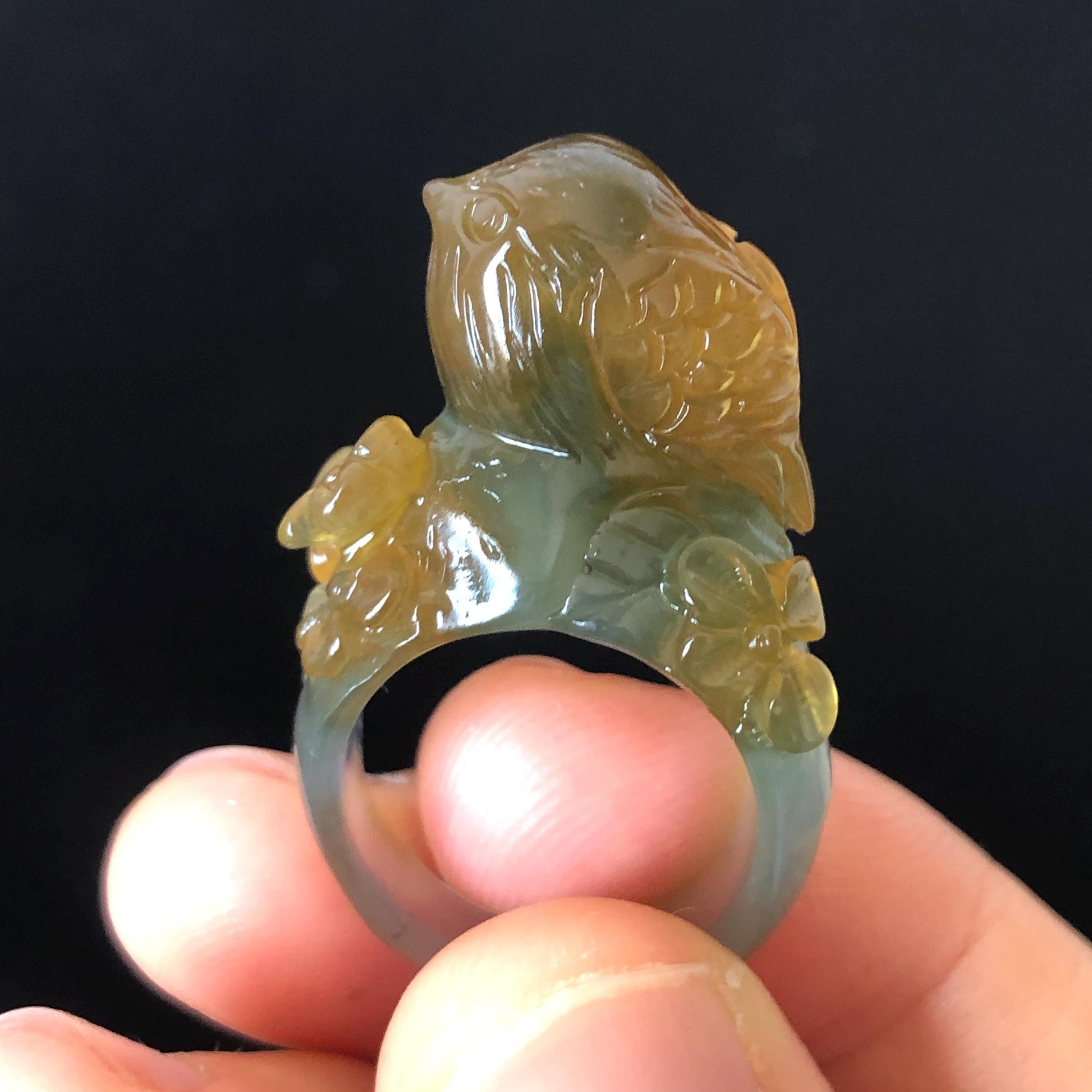 Natural Xiu Jade (Serpentine) Hand Carved Bird and Flower Ring | 16.3mm (US 6) | Icy Blue & Yellow | Stone Crystal Gemstone | Gift for her