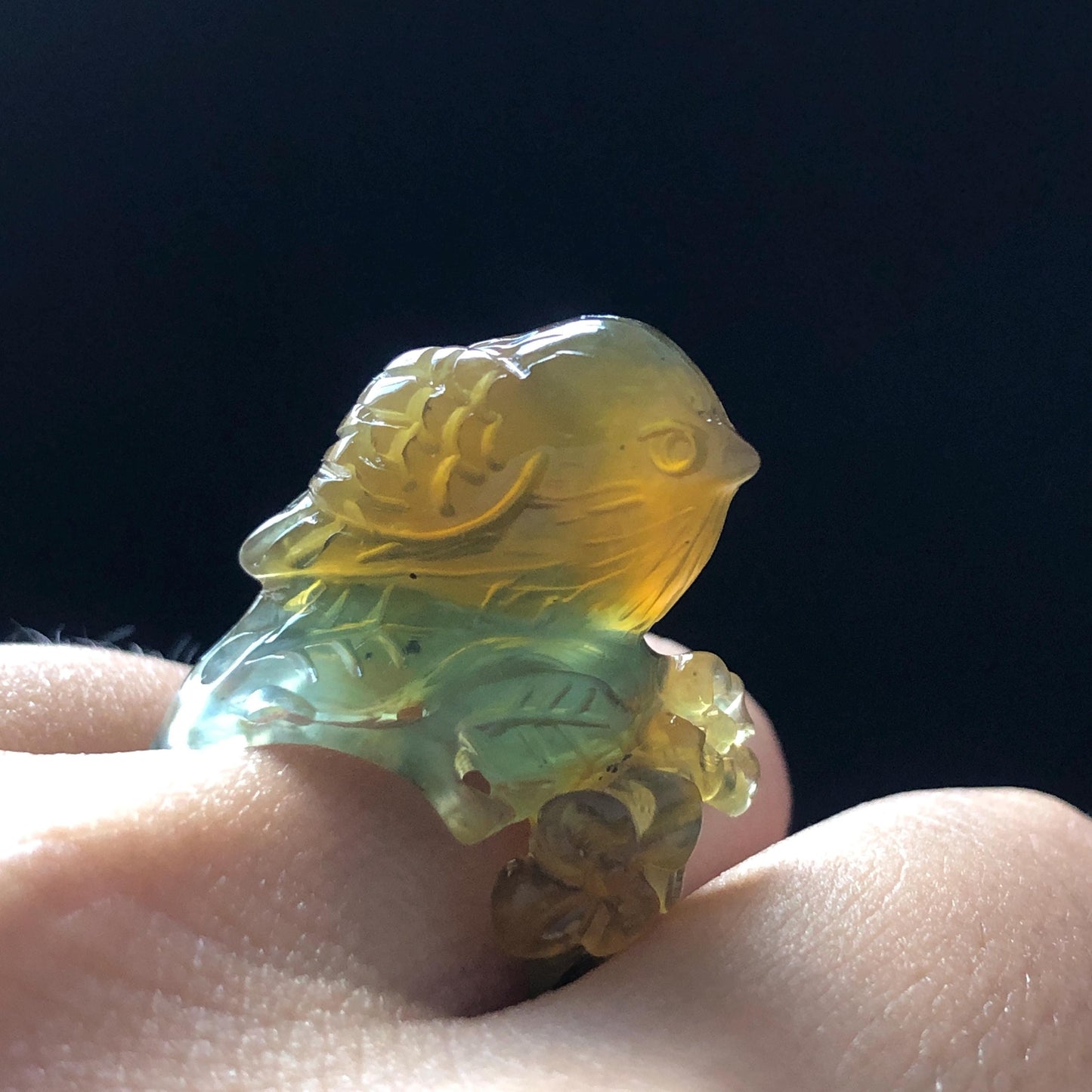 Natural Xiu Jade (Serpentine) Hand Carved Bird and Flower Ring | 16.3mm (US 6) | Icy Blue & Yellow | Stone Crystal Gemstone | Gift for her