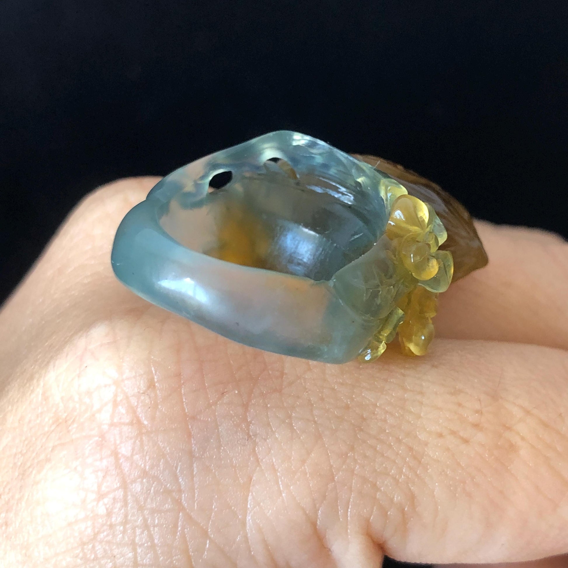 Natural Xiu Jade (Serpentine) Hand Carved Bird and Flower Ring | 16.3mm (US 6) | Icy Blue & Yellow | Stone Crystal Gemstone | Gift for her