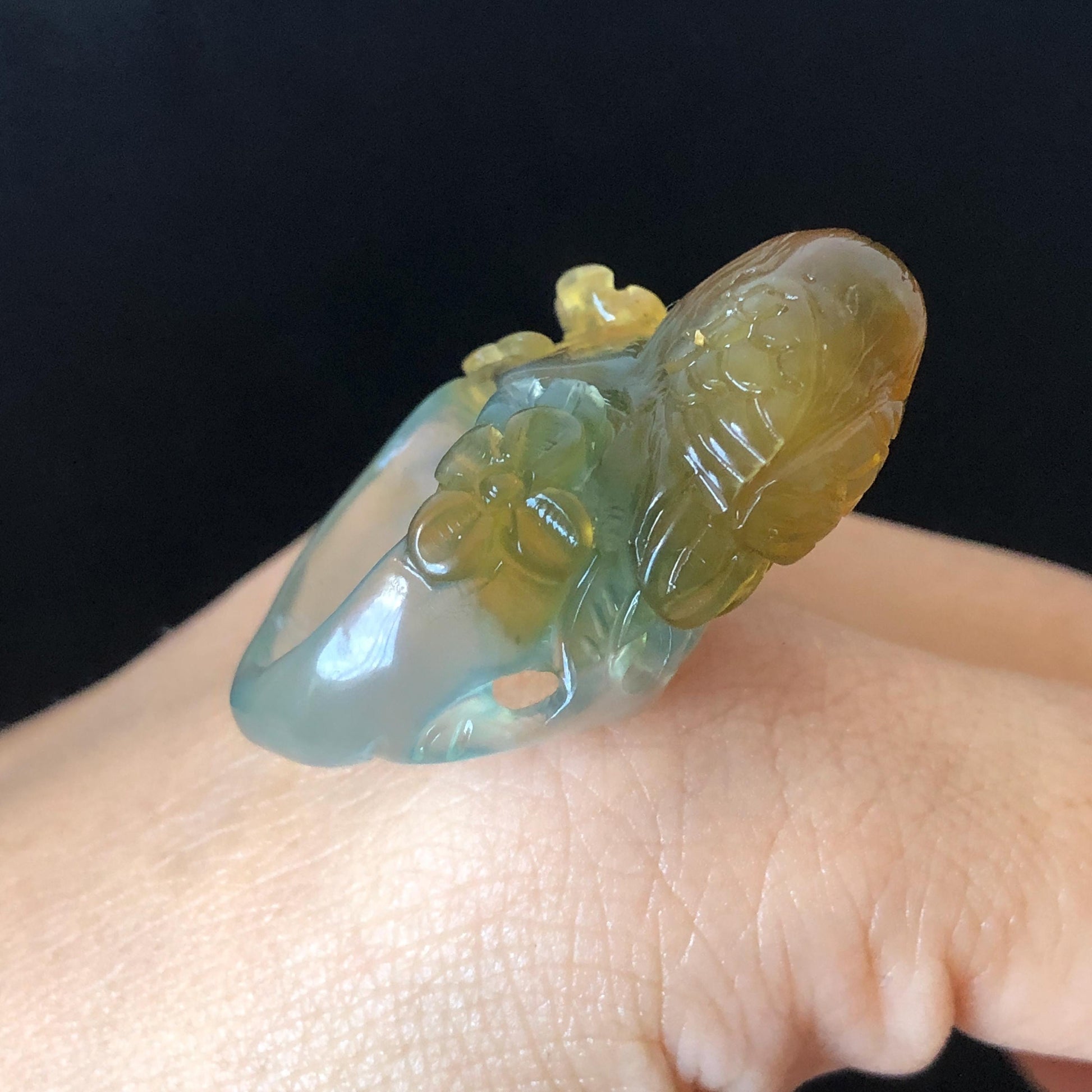 Natural Xiu Jade (Serpentine) Hand Carved Bird and Flower Ring | 16.3mm (US 6) | Icy Blue & Yellow | Stone Crystal Gemstone | Gift for her