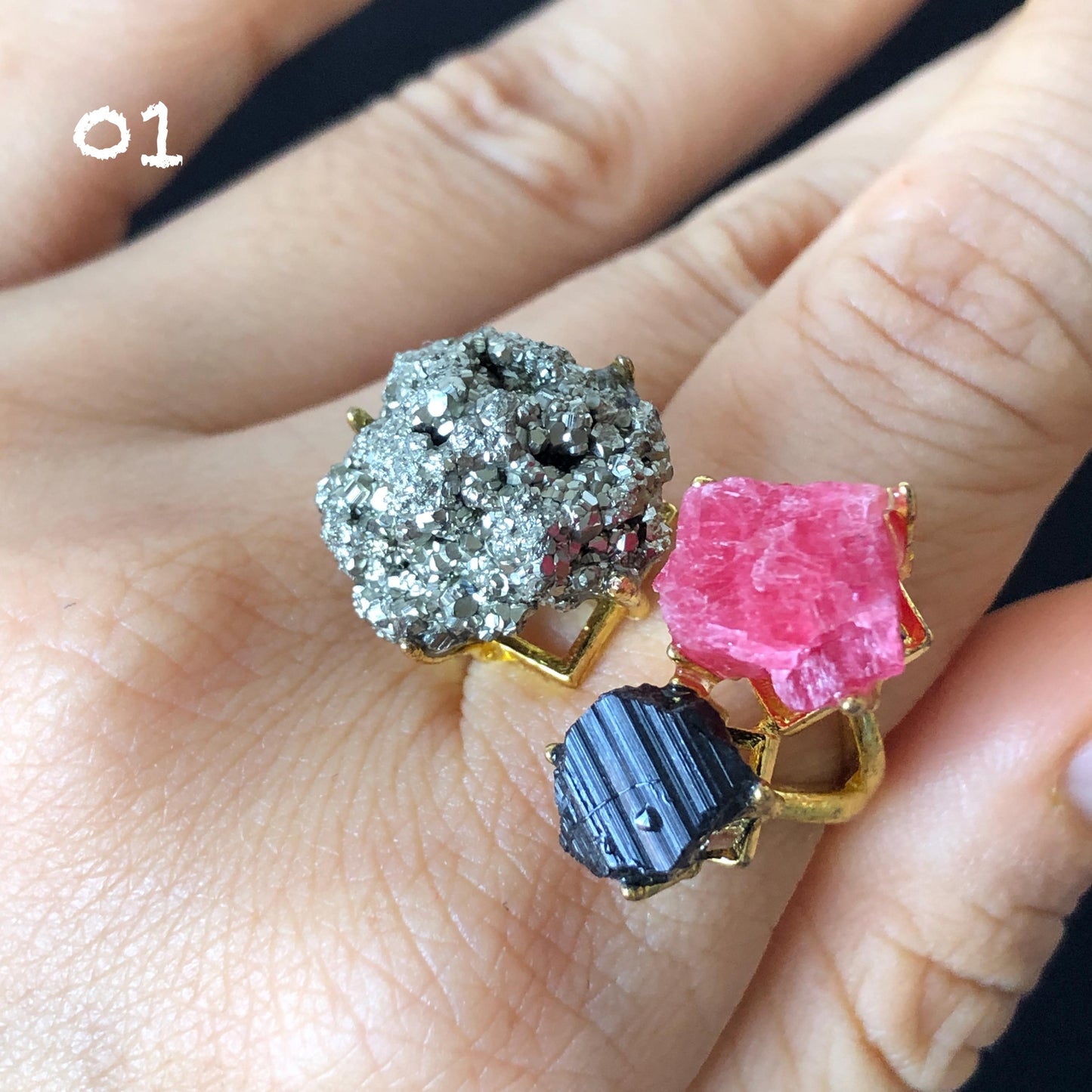 Raw Chalcopyrite, Black Tourmaline, Rhodonite, Citrine, Azurite Crystal Ring | 3 Colours Ring | Adjustable Statement Band Ring | Gemstone