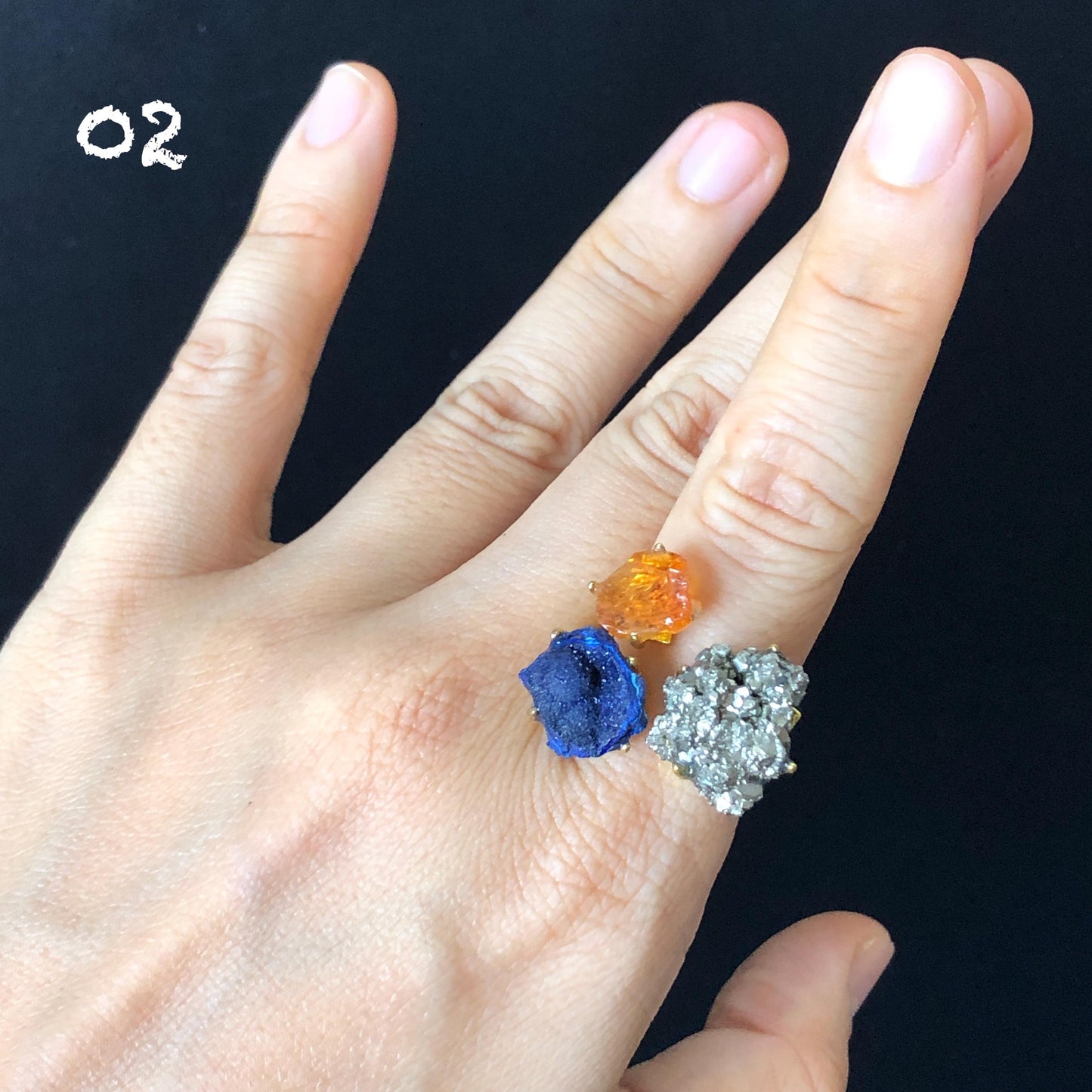 Raw Chalcopyrite, Black Tourmaline, Rhodonite, Citrine, Azurite Crystal Ring | 3 Colours Ring | Adjustable Statement Band Ring | Gemstone