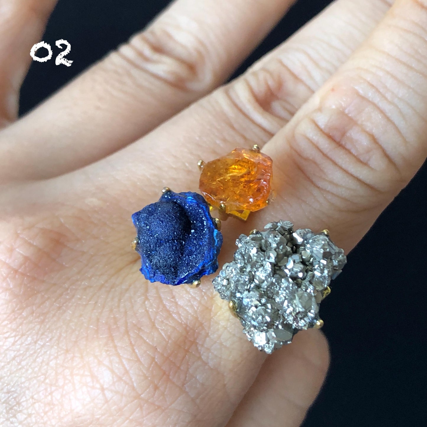 Raw Chalcopyrite, Black Tourmaline, Rhodonite, Citrine, Azurite Crystal Ring | 3 Colours Ring | Adjustable Statement Band Ring | Gemstone