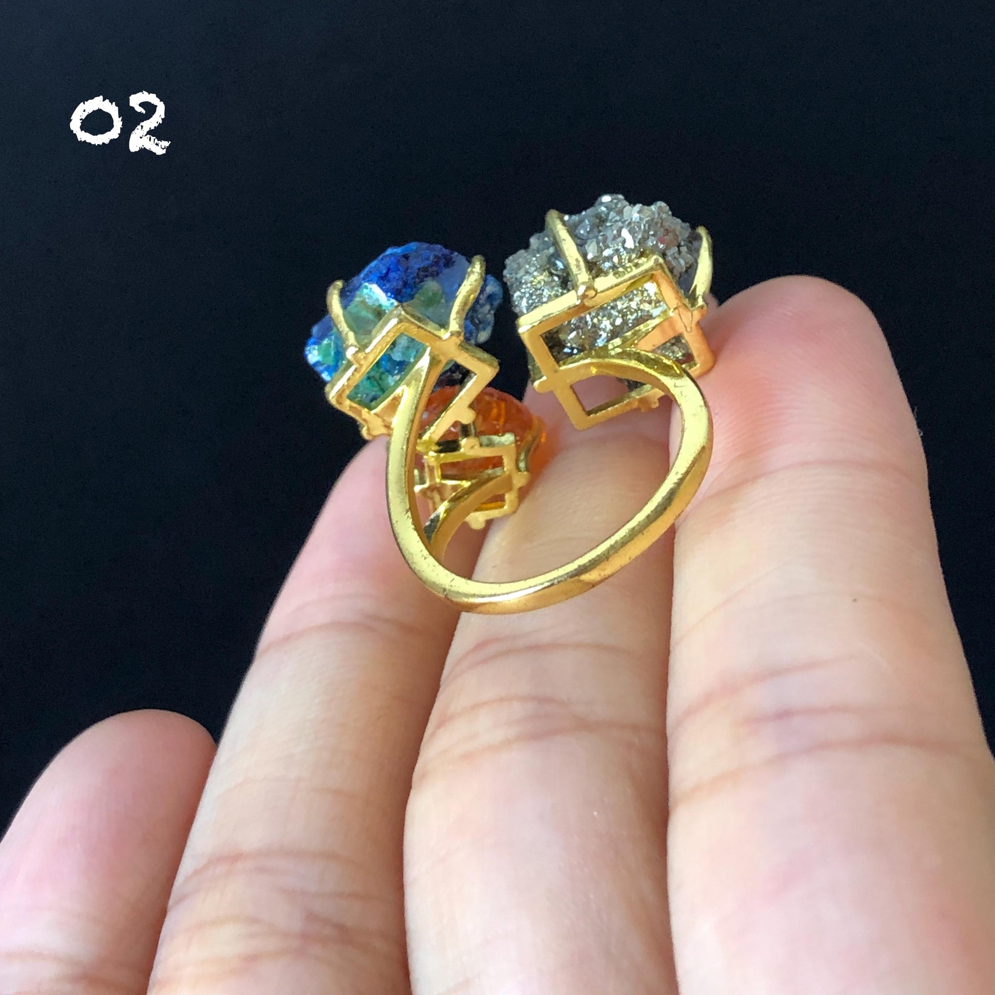 Raw Chalcopyrite, Black Tourmaline, Rhodonite, Citrine, Azurite Crystal Ring | 3 Colours Ring | Adjustable Statement Band Ring | Gemstone