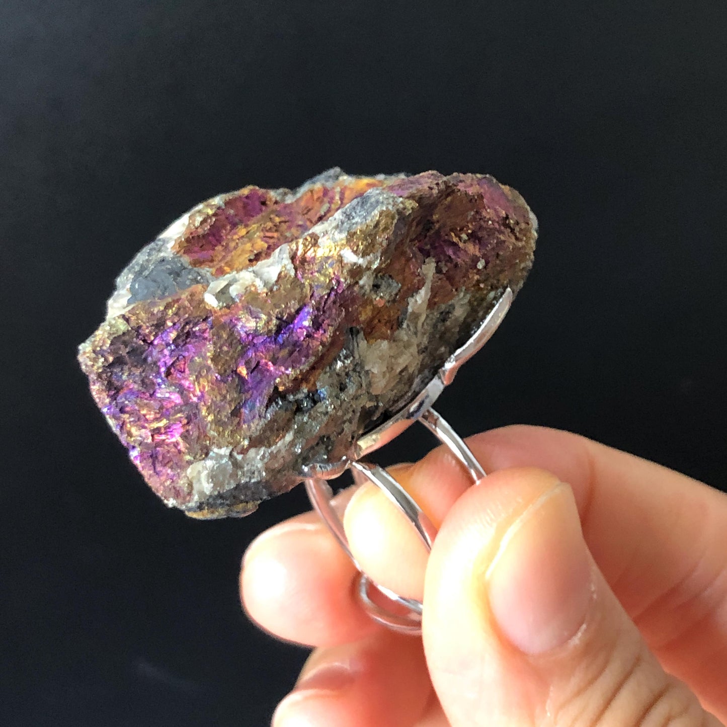 Raw Rainbow Bornite Ring, Peacock Ore, Transformation Stone, Large Raw Stone Ring Big Crystal Ring, Raw Mineral Ring, Chunky Irregular ring, silver-plated copper ring, adjustable band ring, huge cocktail ring, Extra Large Statement Ring, Birthstone