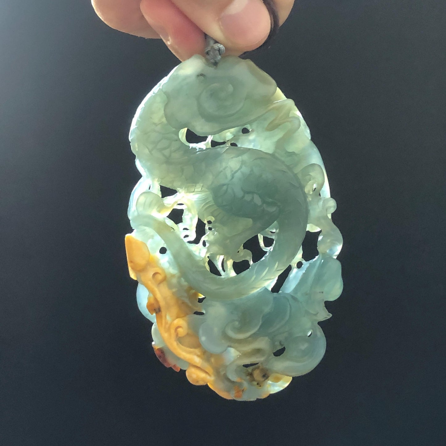 Certificate Natural Xiu Jade (Serpentine) Hand Dragon and Pixiu Pendant Adjustable Necklace Choker | Greenish Blue Yellow | Power & Wealth