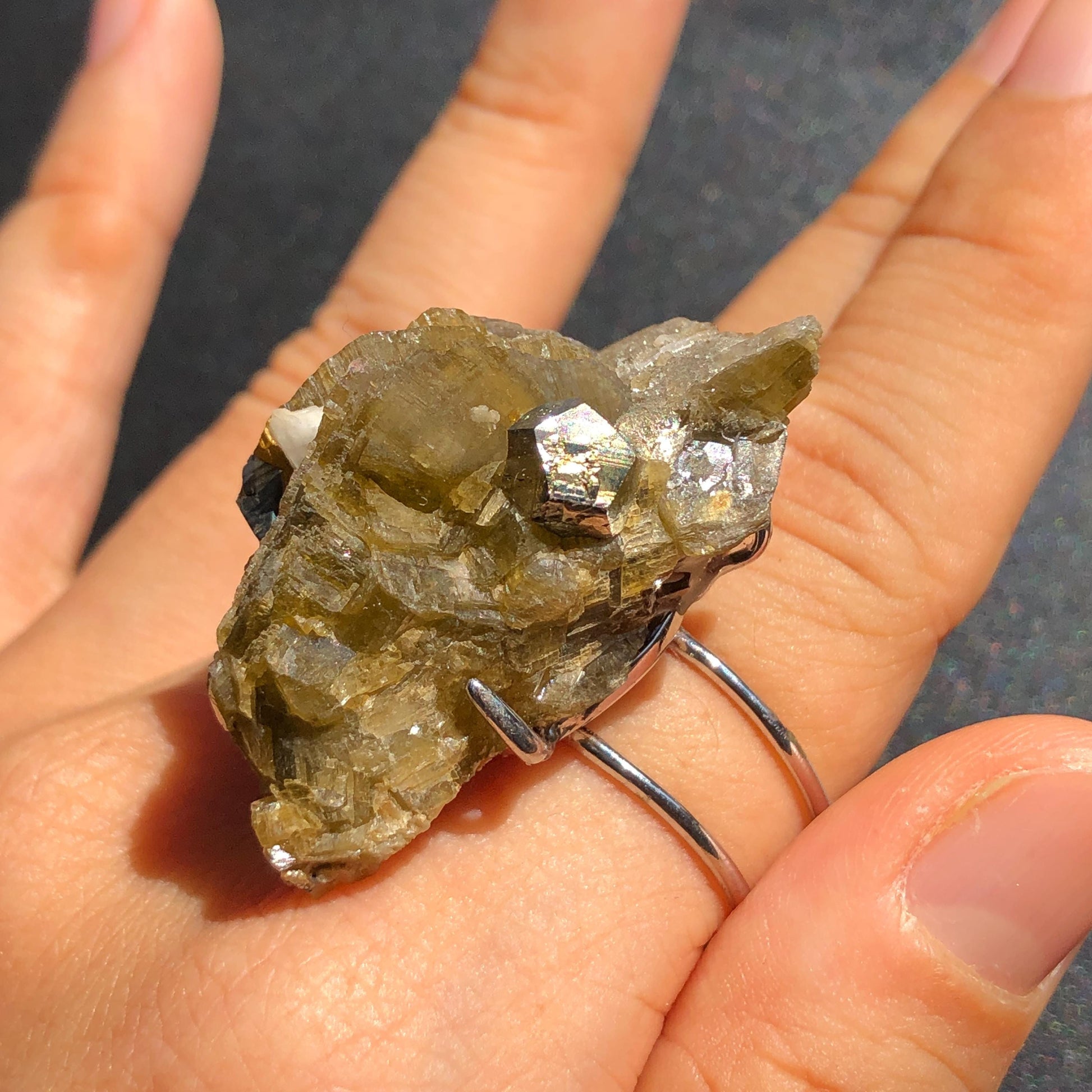 Natural Raw Siderite Dolomite Chalcopyrite Ring, Big Raw Stone Ring Large Crystal Ring, Huge Statement Ring, Chunky Irregular ring gift, silver-plated copper ring, adjustable band ring, Huge Cocktail Ring, Rough Cut Rock Ring, Birthstone ring gift