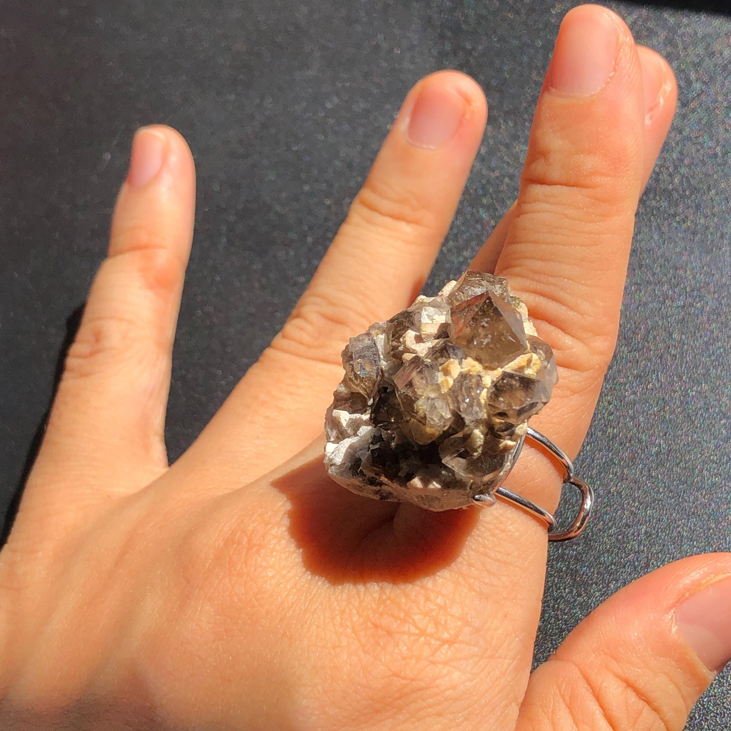 Smoky Quartz Feldspar Ring, silver-plated copper ring, Icy Grey Stone, Adjustable Statement Band Ring, Root Chakras, June Birthstone, Capricorn Sign, chunky raw crystal ring, irregular ring for men and women,  raw mineral ring, birthstone ring