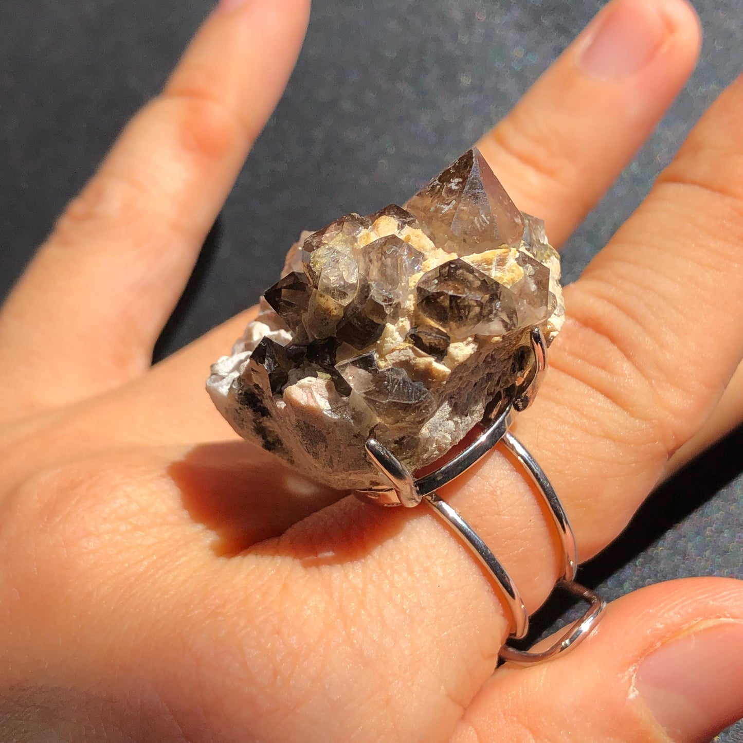 Smoky Quartz Feldspar Ring, silver-plated copper ring, Icy Grey Stone, Adjustable Statement Band Ring, Root Chakras, June Birthstone, Capricorn Sign, chunky raw crystal ring, irregular ring for men and women,  raw mineral ring, birthstone ring