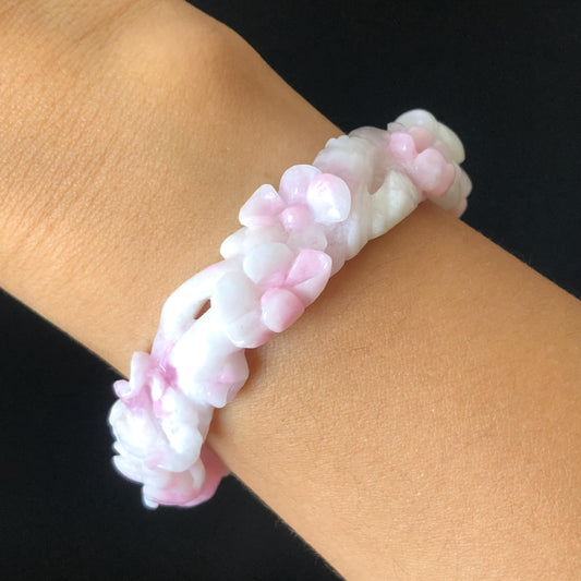 54.1mm Natural SheTaiCui Jade (Quartzite) Hand Carved Rabbit Bunny Flowers Bangle | Pink Purple White | Crystal Bracelet Gemstone Jewellery