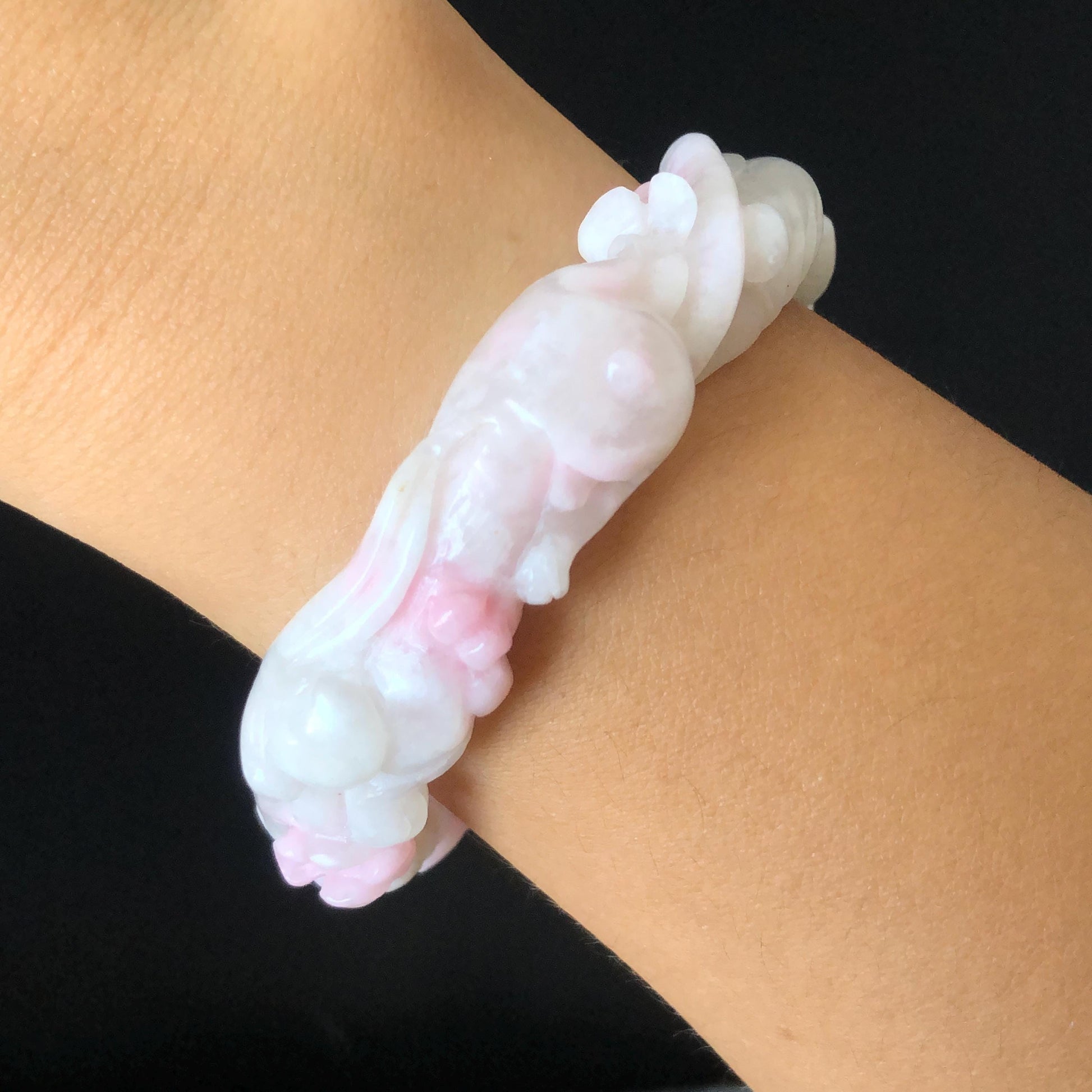54.1mm Natural SheTaiCui Jade (Quartzite) Hand Carved Rabbit Bunny Flowers Bangle | Pink Purple White | Crystal Bracelet Gemstone Jewellery