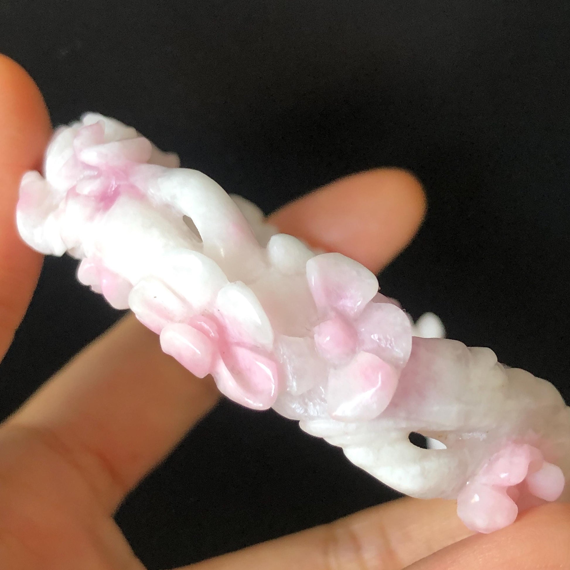 54.1mm Natural SheTaiCui Jade (Quartzite) Hand Carved Rabbit Bunny Flowers Bangle | Pink Purple White | Crystal Bracelet Gemstone Jewellery