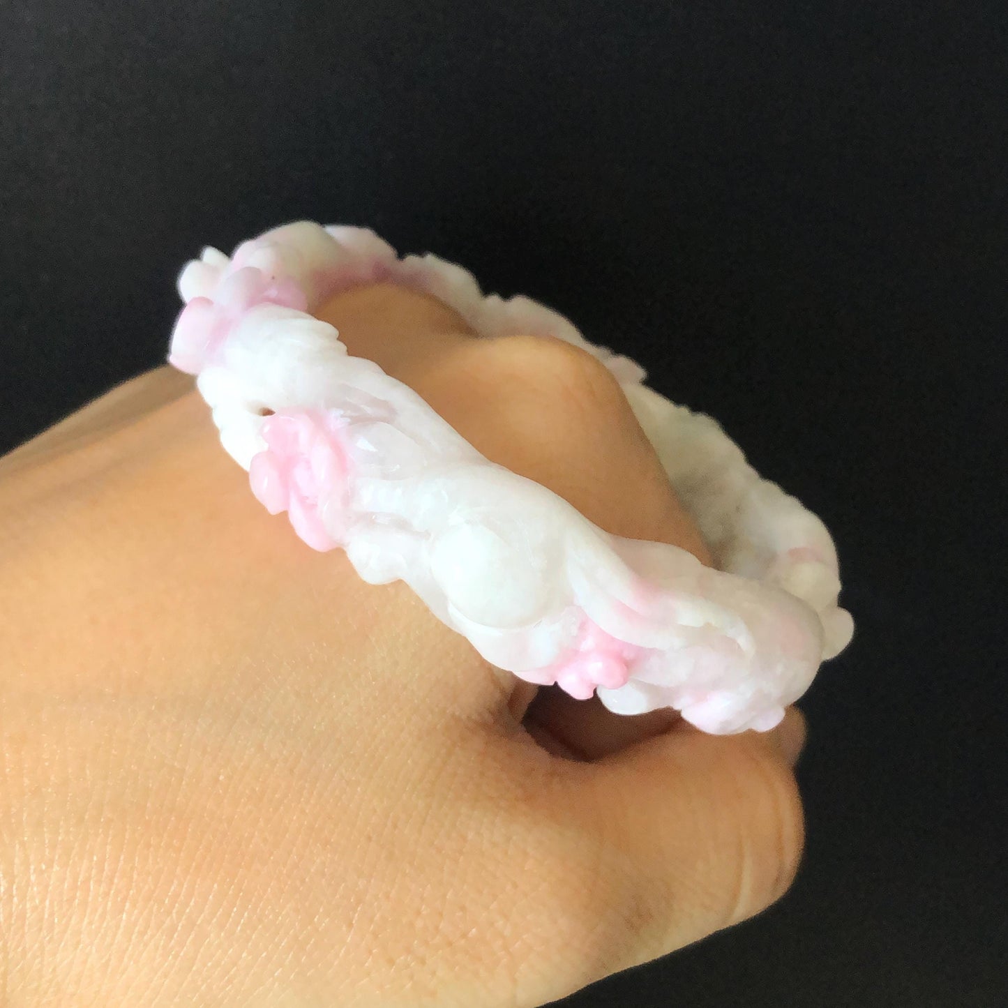 54.1mm Natural SheTaiCui Jade (Quartzite) Hand Carved Rabbit Bunny Flowers Bangle | Pink Purple White | Crystal Bracelet Gemstone Jewellery