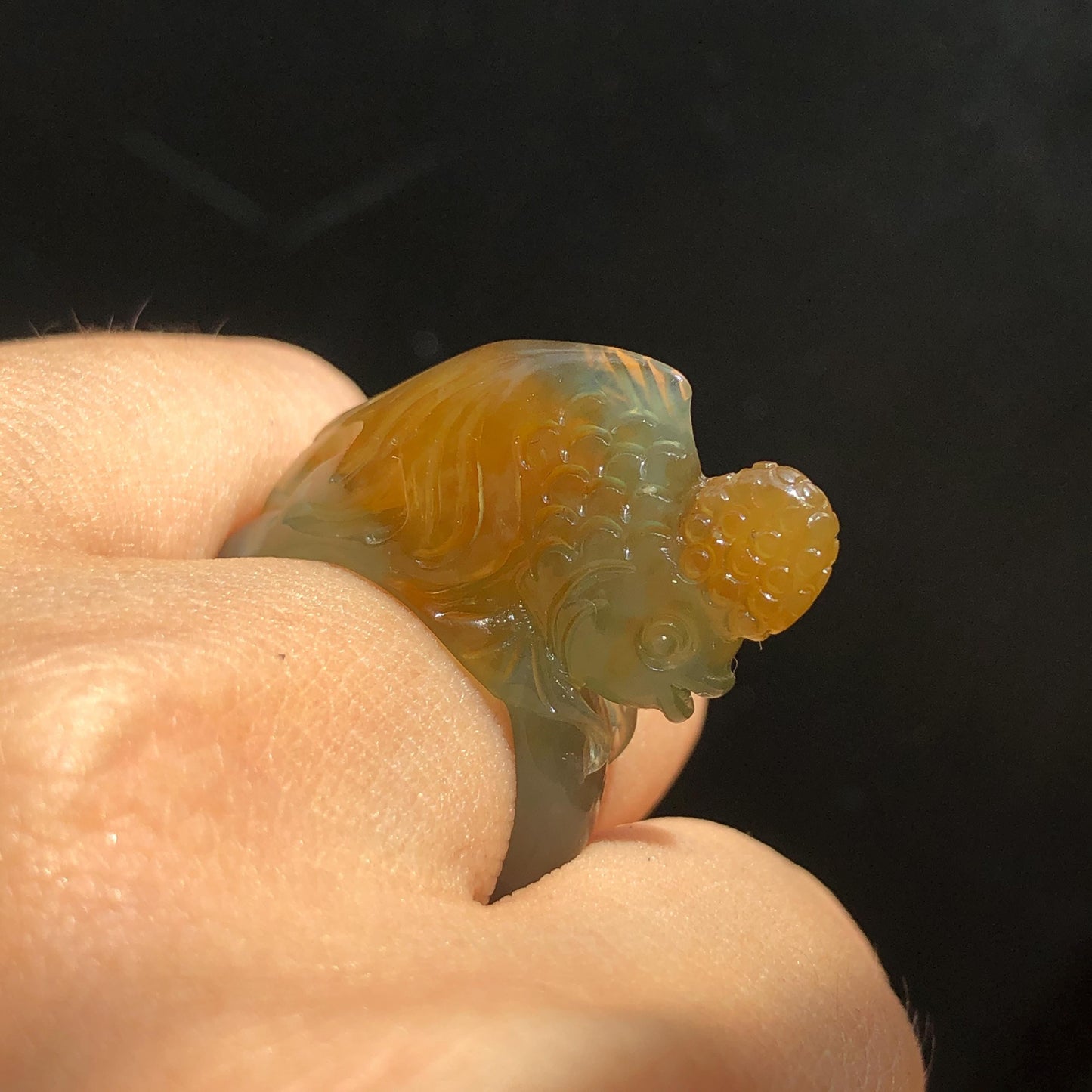 Natural Xiu Jade Serpentine Hand Carved Goldfish Ring | 16.2mm (US 5.5-6) | Icy Greenish Blue and Orange | Crystal Stone Gemstone Ring