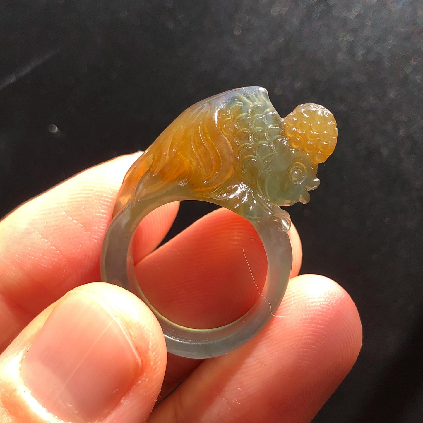 Natural Xiu Jade Serpentine Hand Carved Goldfish Ring | 16.2mm (US 5.5-6) | Icy Greenish Blue and Orange | Crystal Stone Gemstone Ring