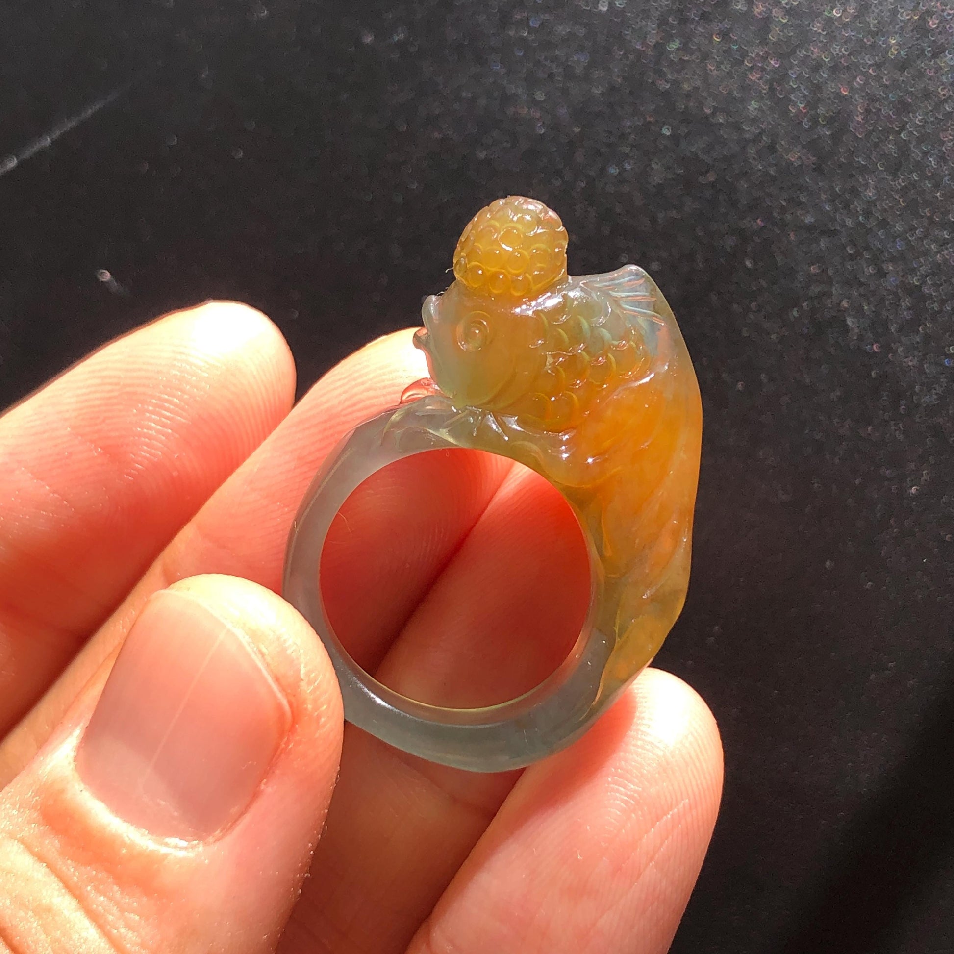 Natural Xiu Jade Serpentine Hand Carved Goldfish Ring | 16.2mm (US 5.5-6) | Icy Greenish Blue and Orange | Crystal Stone Gemstone Ring