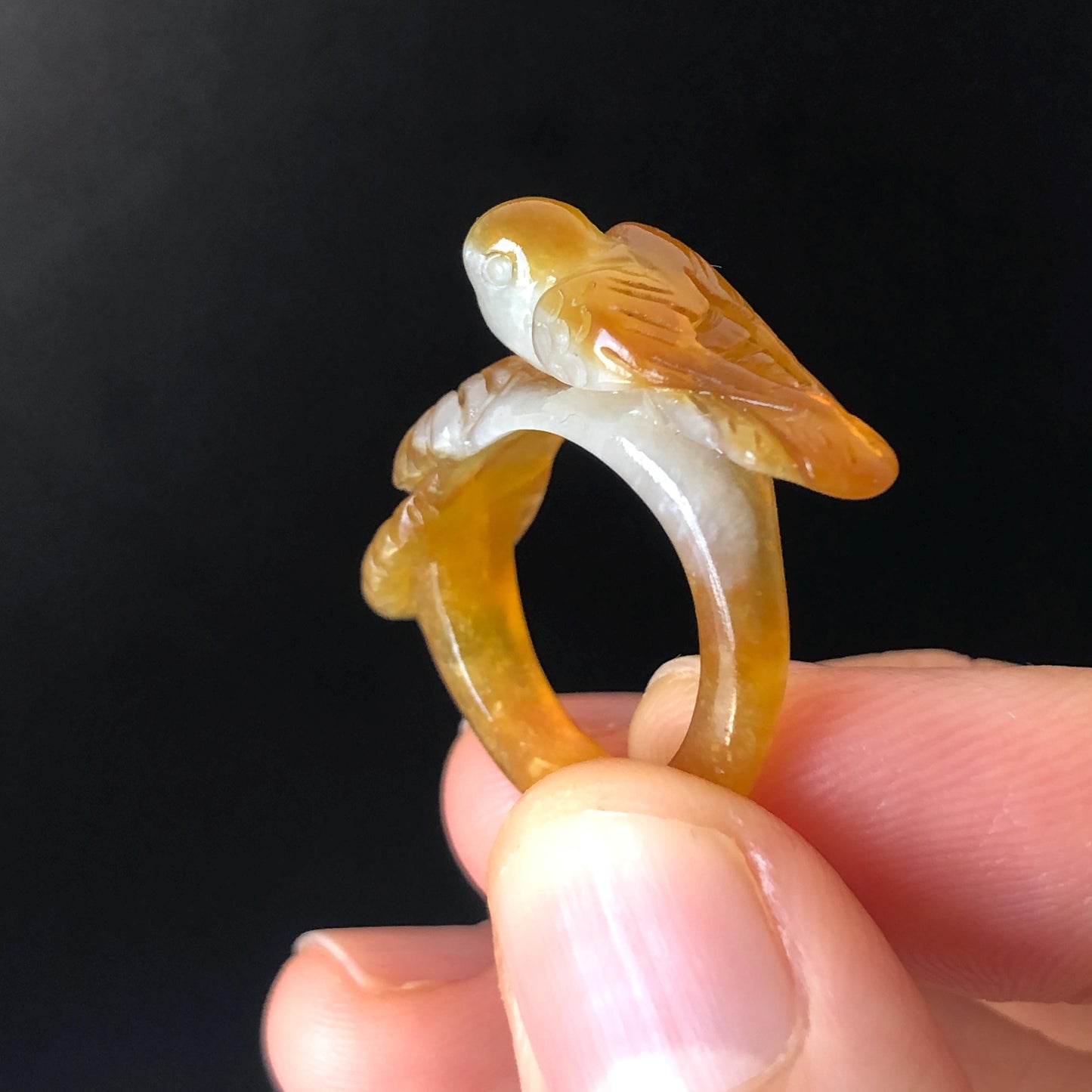 Natural Xiu Jade (Serpentine) Hand Carved Bird and Flower Ring | 15.1mm (US 4-4.5) | Caramel Brown & White | Pinky Ring | Crystal Gemstone