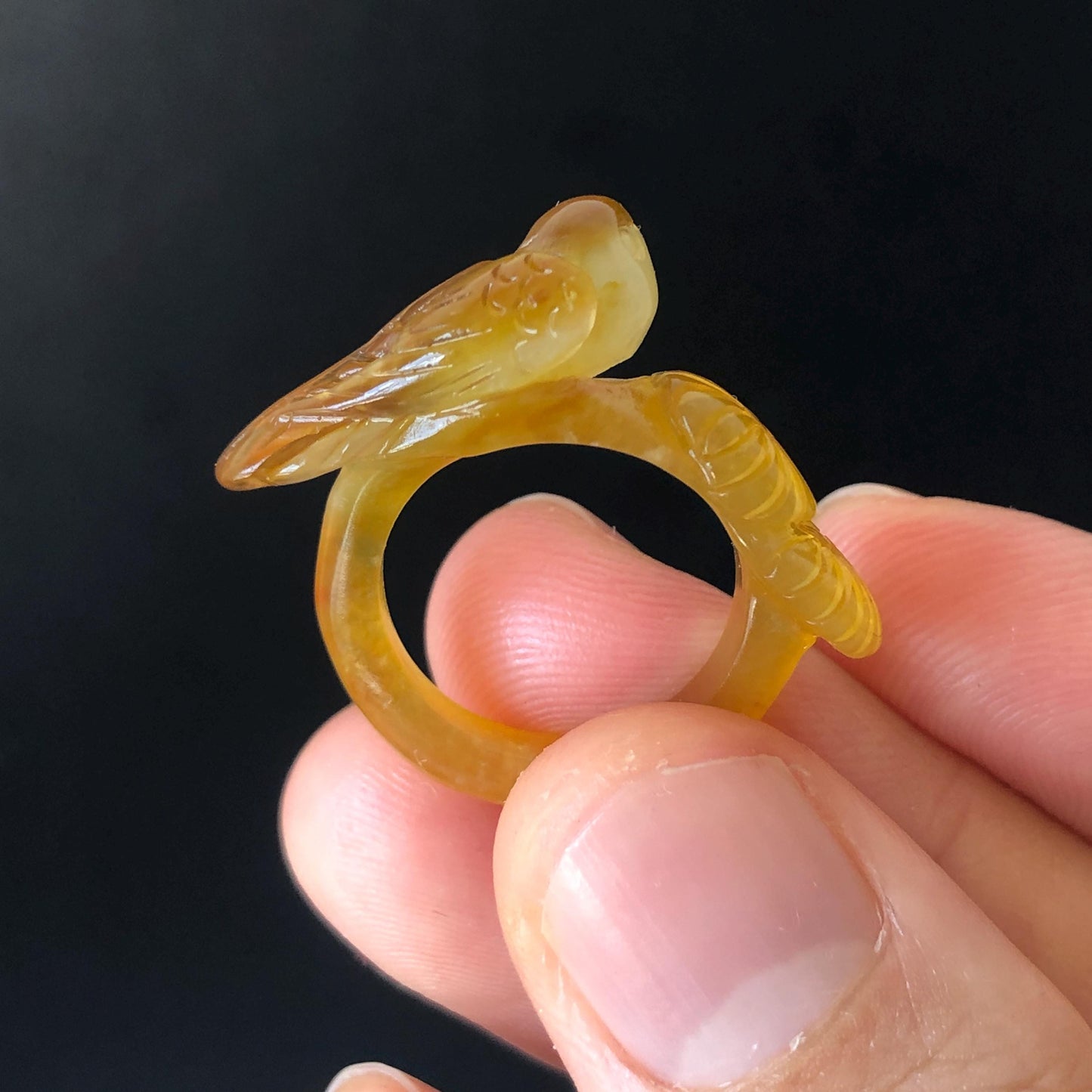 Natural Xiu Jade (Serpentine) Hand Carved Bird and Flower Ring | 15.1mm (US 4-4.5) | Caramel Brown & White | Pinky Ring | Crystal Gemstone