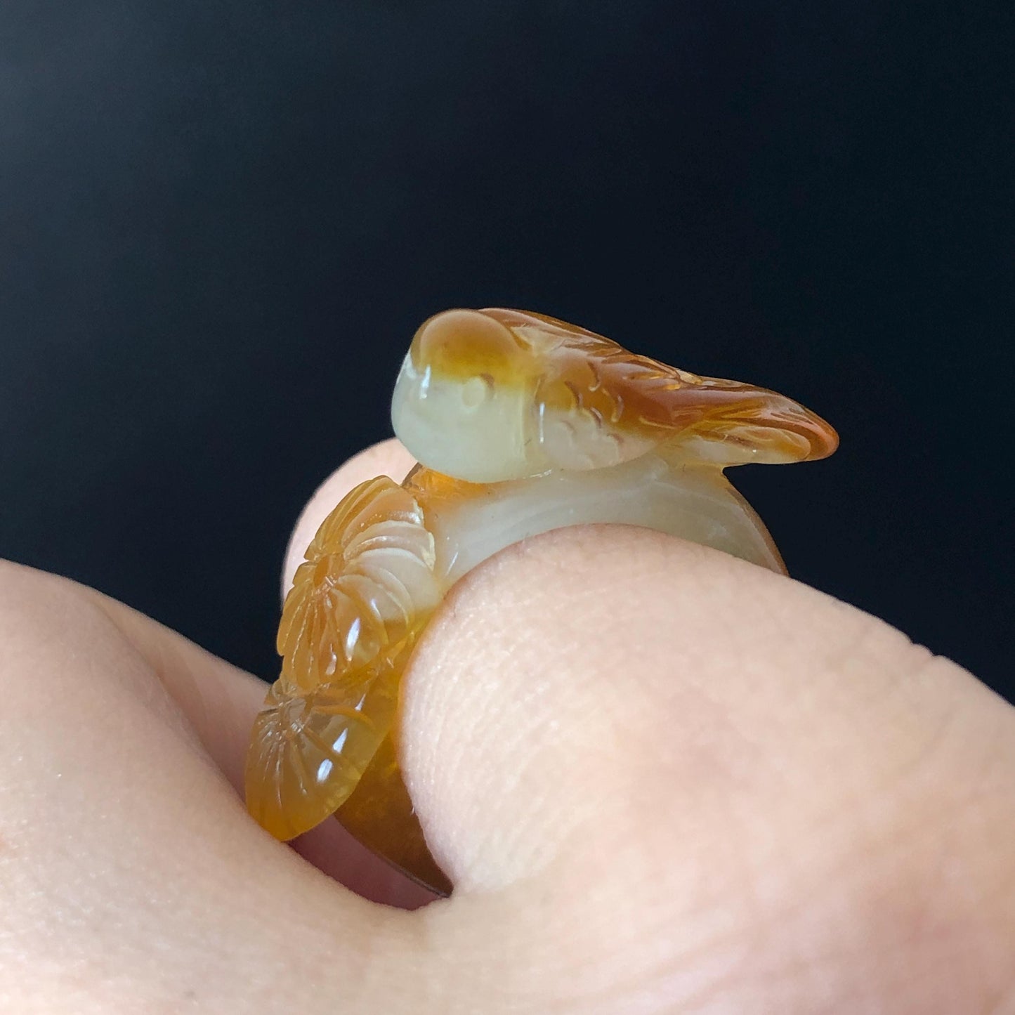 Natural Xiu Jade (Serpentine) Hand Carved Bird and Flower Ring | 15.1mm (US 4-4.5) | Caramel Brown & White | Pinky Ring | Crystal Gemstone