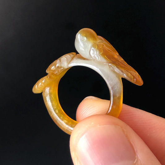 Natural Xiu Jade (Serpentine) Hand Carved Bird and Flower Ring | 15.1mm (US 4-4.5) | Caramel Brown & White | Pinky Ring | Crystal Gemstone